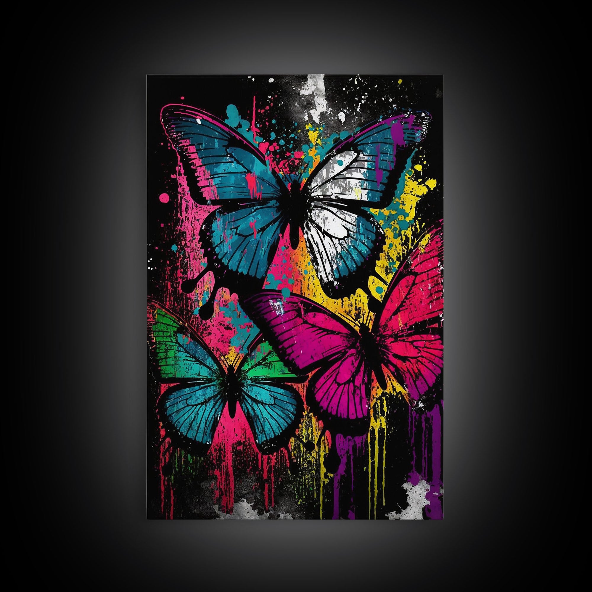 Graffiti Butterfly Art, Framed Canvas Print, Large Wall Art, Contemporary Punk Art, Butterflies, Pop Art, Paint Splatter Art