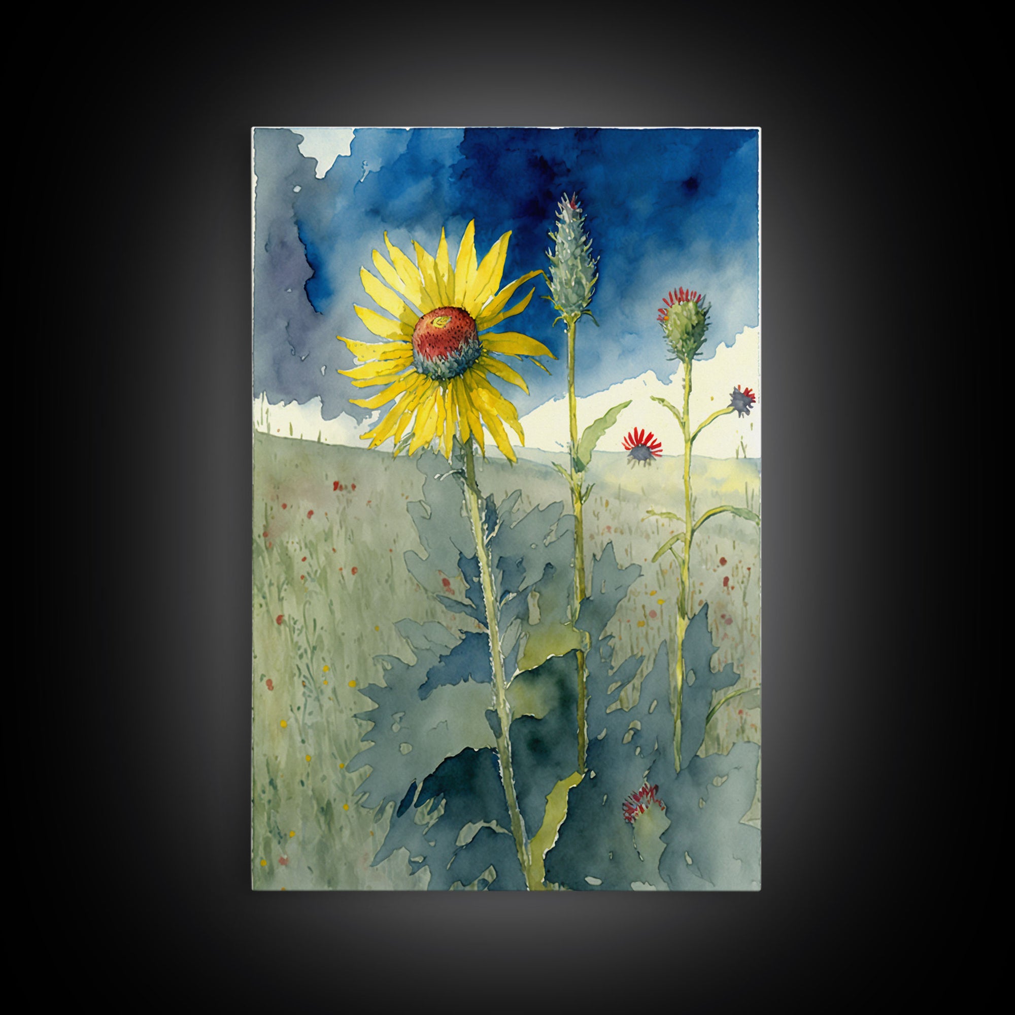 Watercolor Painting Print of a Sunflower and Wildflowers, Framed Canvas Art, Framed Print, Living Room Wall Decor
