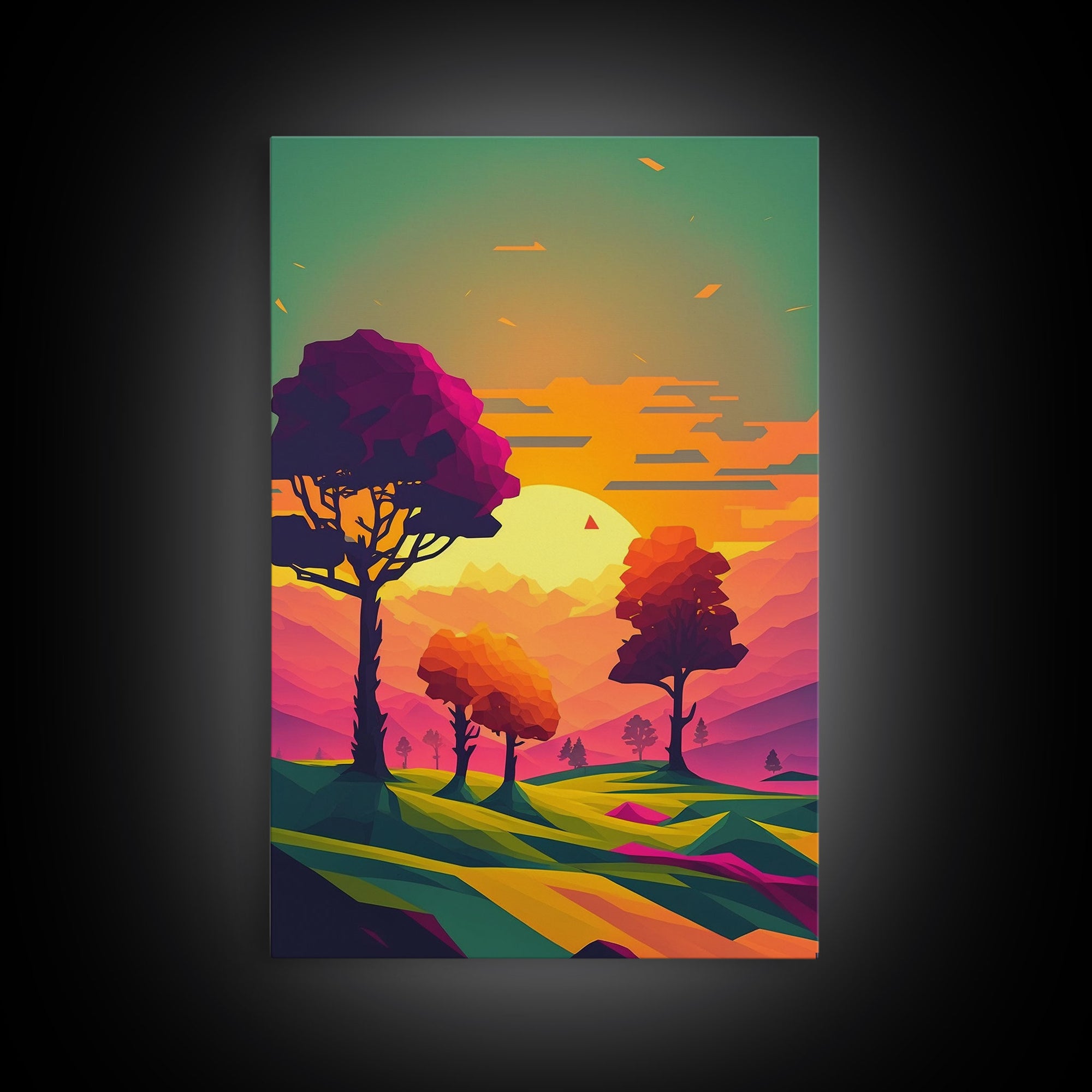 Retro Pop Art Landscape Art At Sunset, Framed Canvas Print, Outrun Style Trees and Sunset, Living Room Art