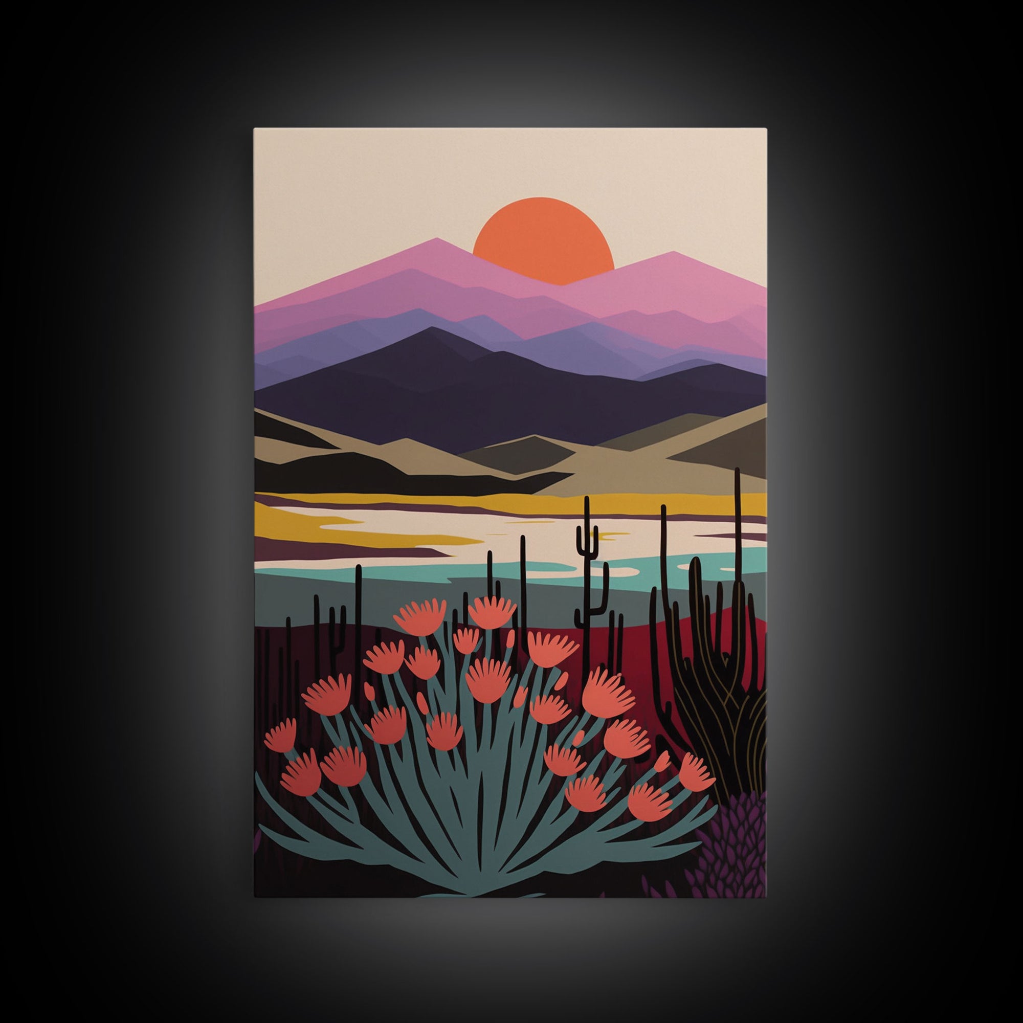 Boho Style Mountain Landscape, Minimalist Art, Sunset Over The Mountains