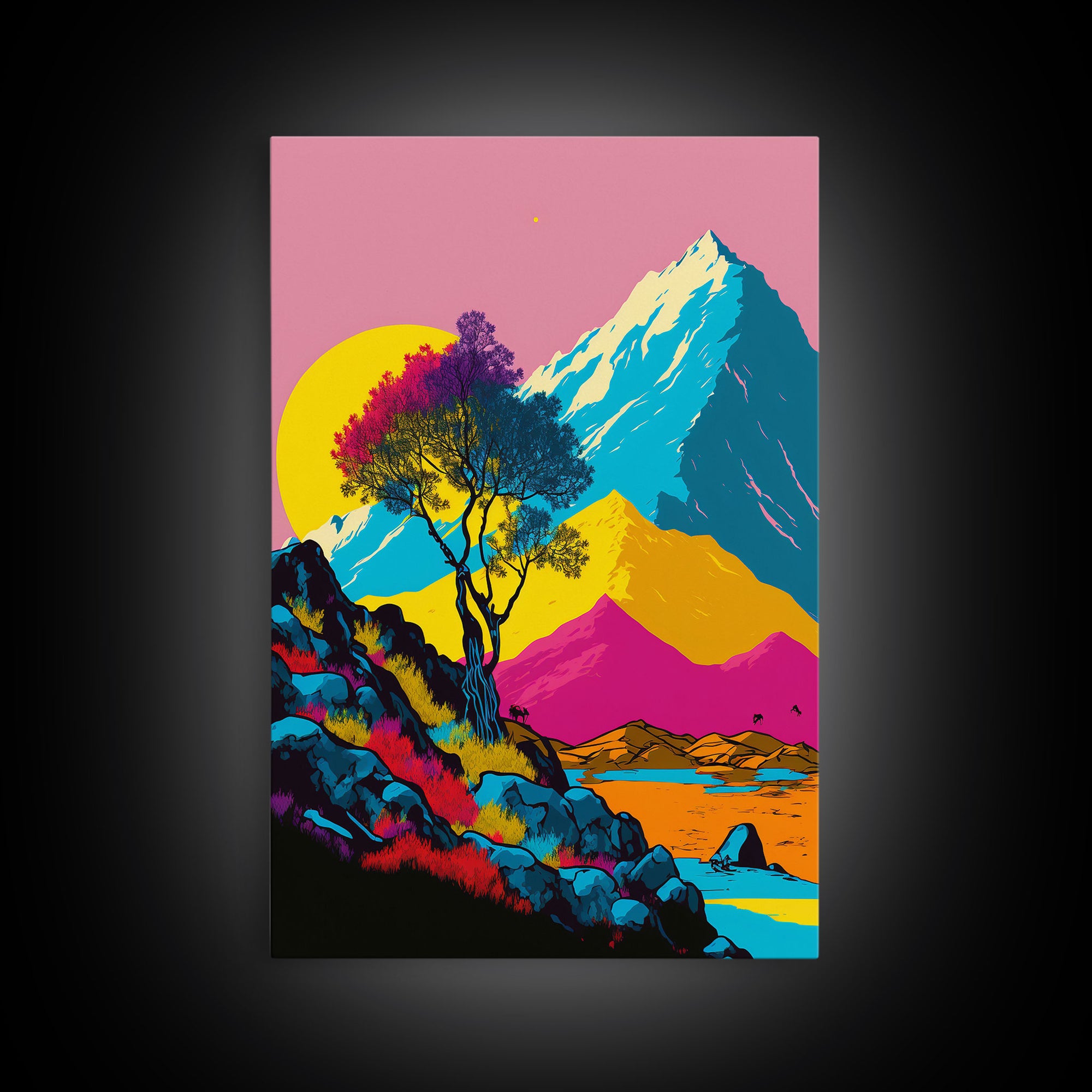 Retro Midcentury Style Wall Art, Framed Canvas Print, Colorful Wall Art, Mountain Landscape, Office Decor, Low Res Art