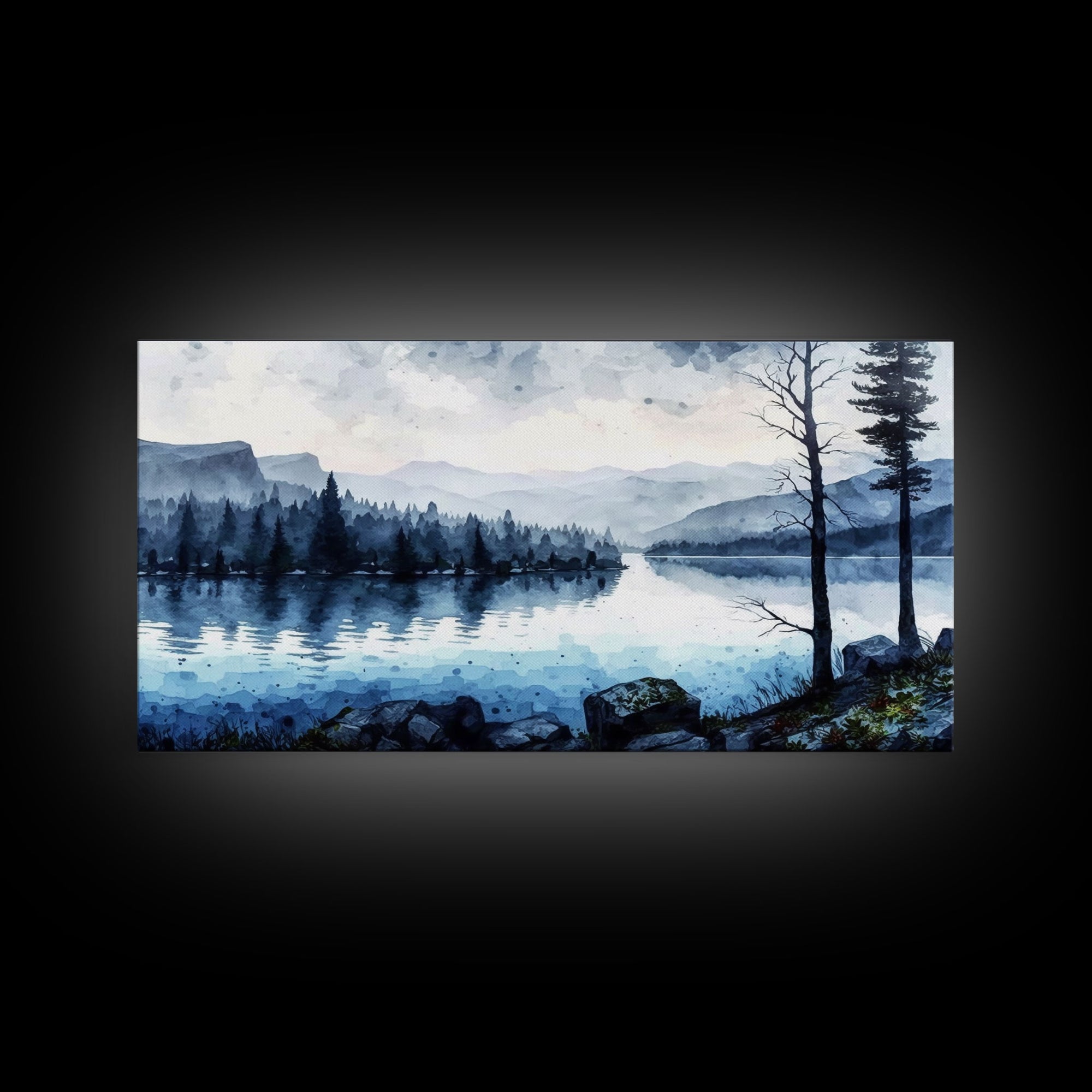 Blue Lagoon, Pacific Northwest Lake Art, Framed Canvas Print, Blue Wall Art, Watercolor Painting, Original Landscape Art Painting