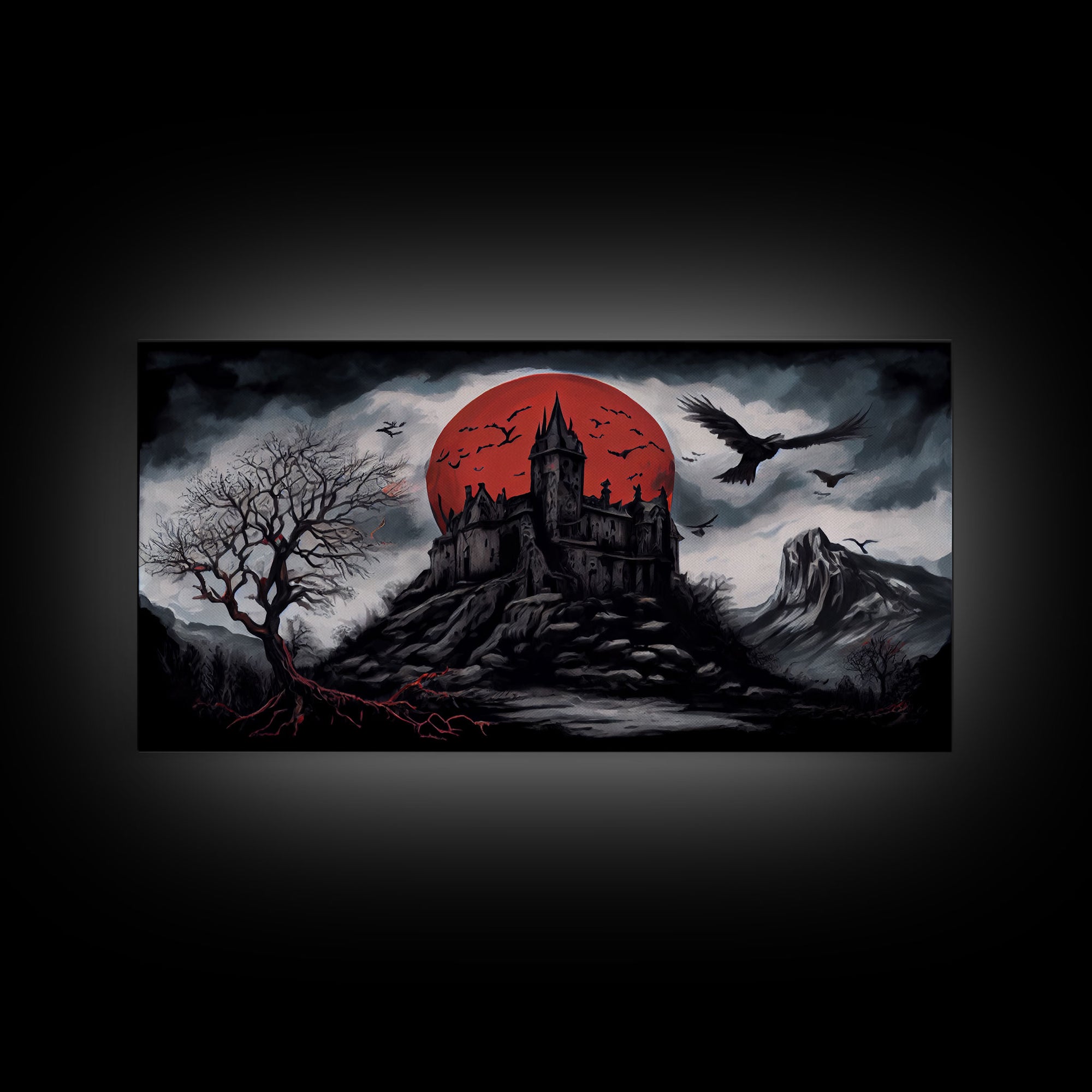 Horror Art, Haunted Castle and Blood Moon, Framed Canvas Print, Goth Art, Gothic Decor, Cool Wall Art