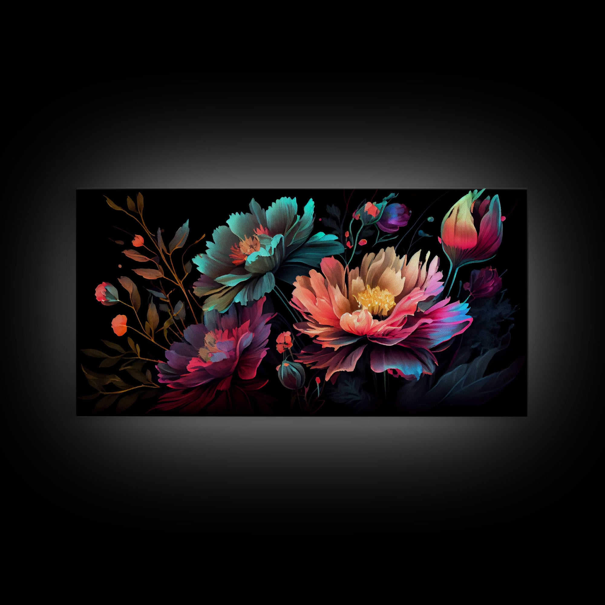 Vibrant Wild Flowers On Black Background, Framed Canvas Print, Watercolor Wall Art, Wall Decor, Floral Art, Pretty Flowers, Mother's Day
