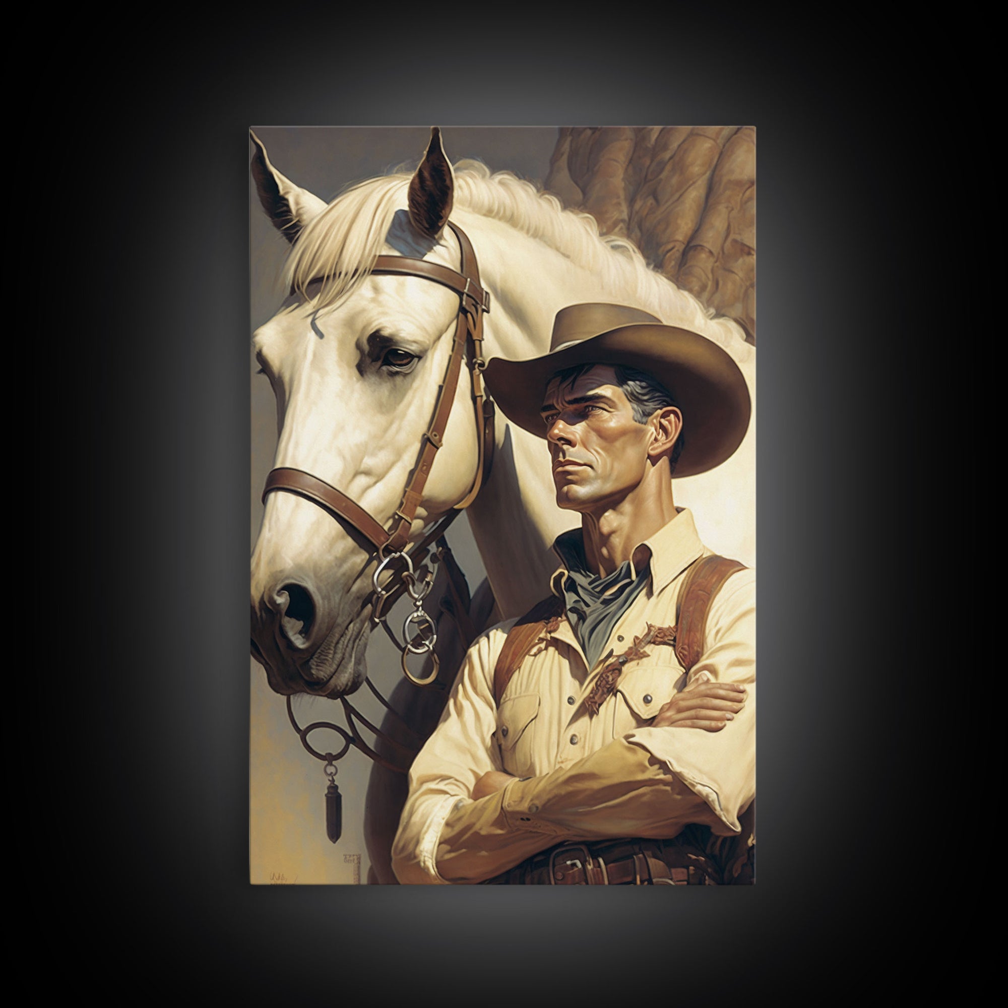 Western Cowboy Painting Canvas Print | Vintage Wall Art | Mid Century Decor | Antique Oil Painting | Moody Print | JC Leyendecker Inspired
