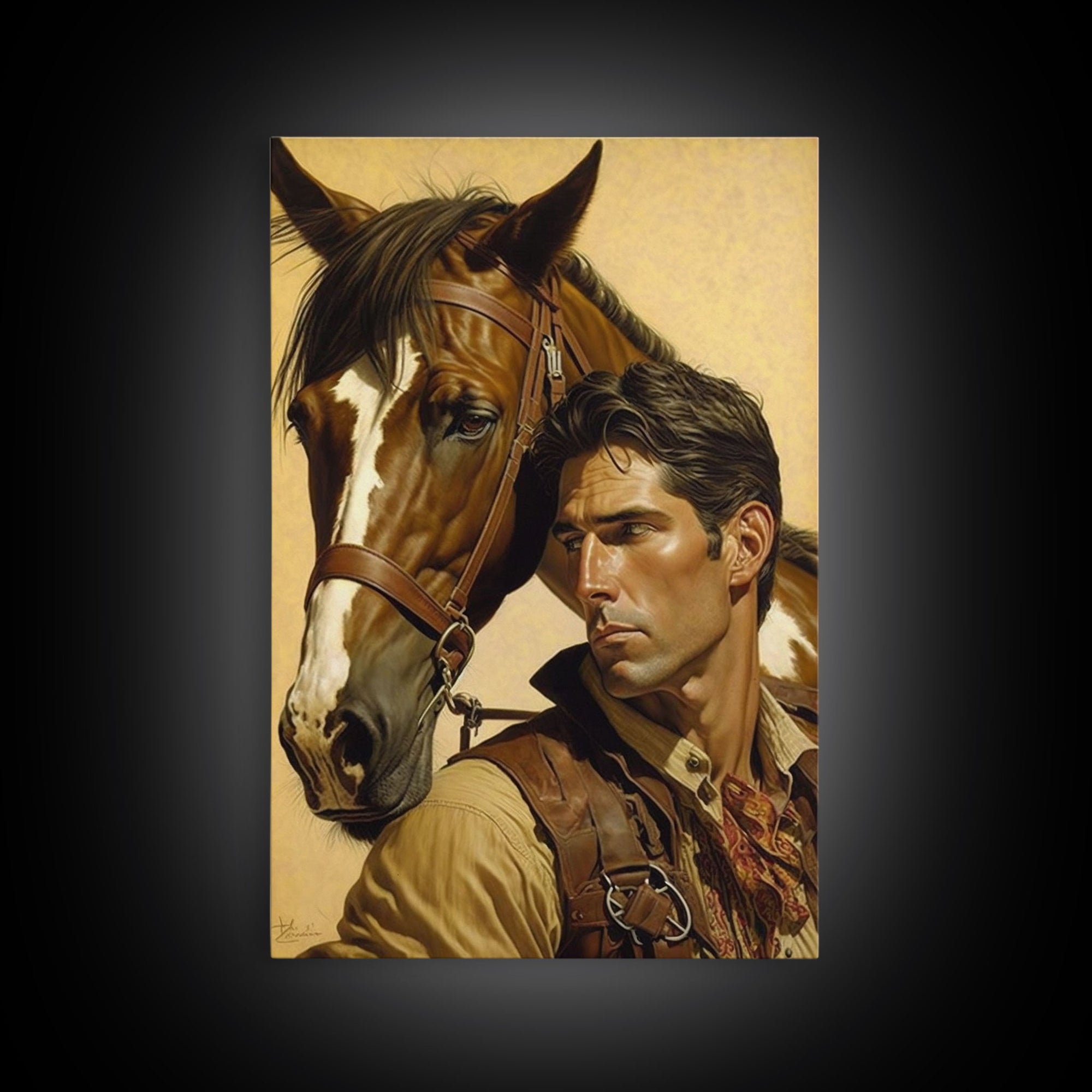 Western Cowboy Painting Canvas Print | Vintage Wall Art | Mid Century Decor | Antique Oil Painting | Moody Print | JC Leyendecker Inspired