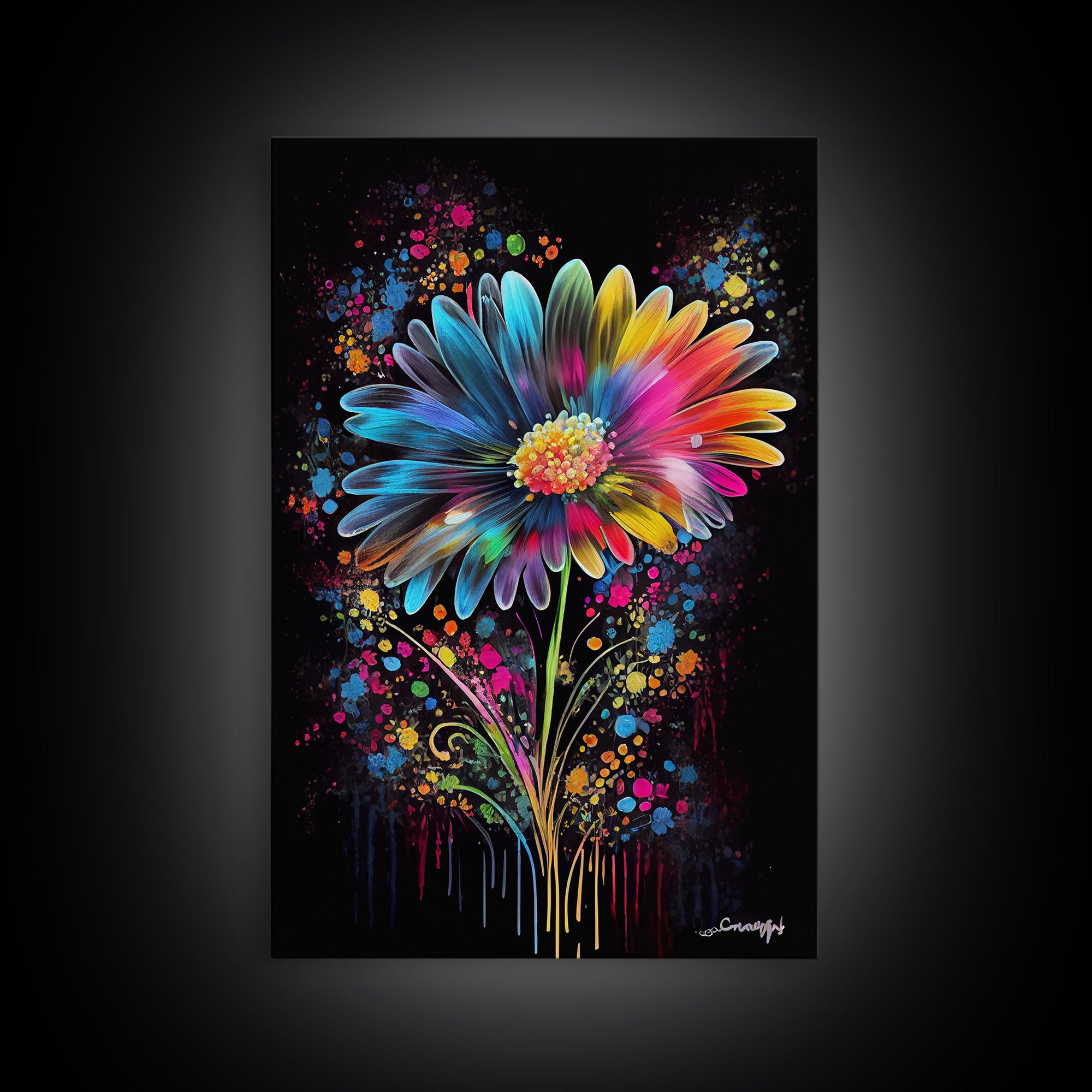 Neon Graffiti Flowers, Framed Canvas Print, Original Painting, Huge Wall Art, Large Format Living Room Art