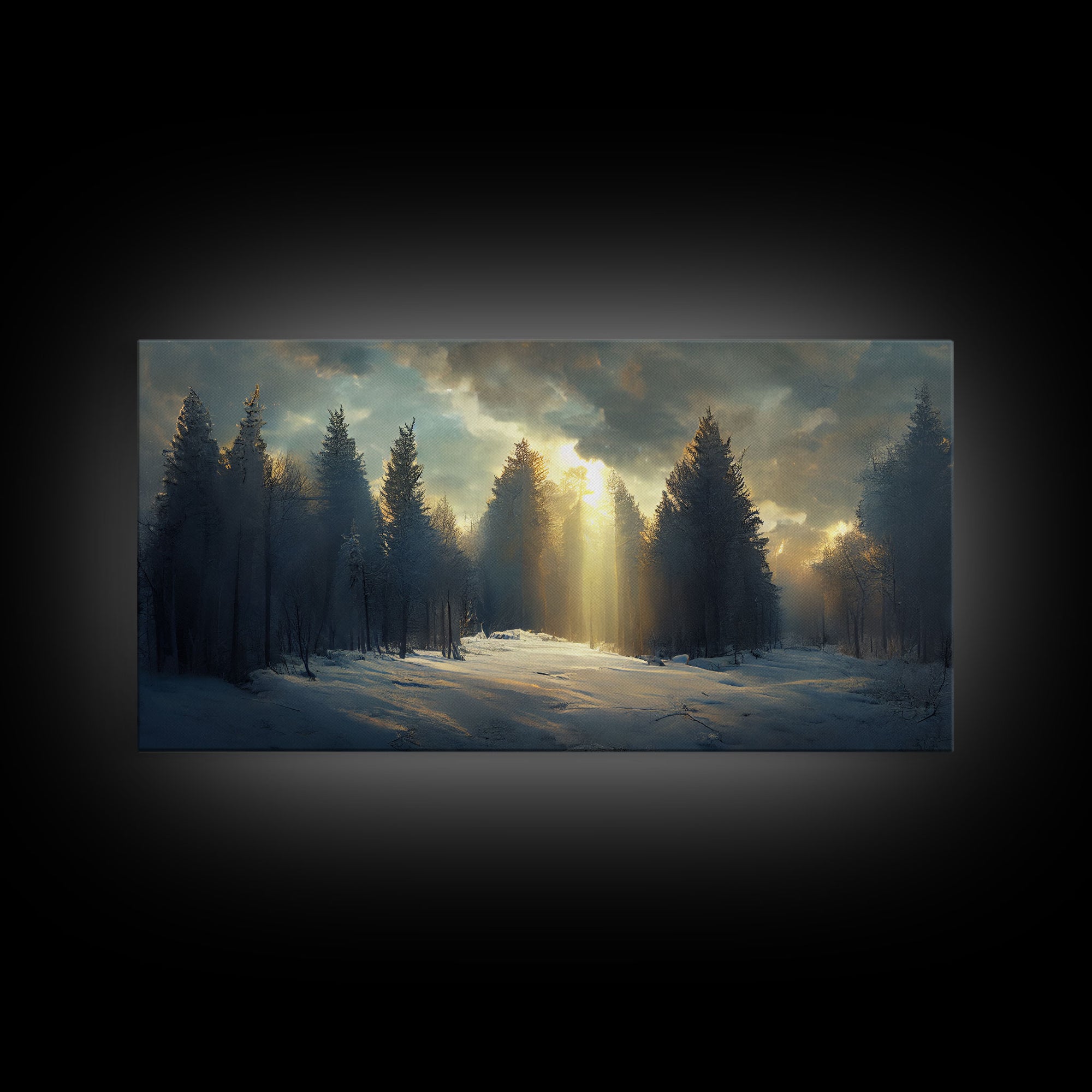 Snowy Forest Canvas Print, Scenic nature landscape, winter art, sunlight shining through the trees, Framed Wall Art