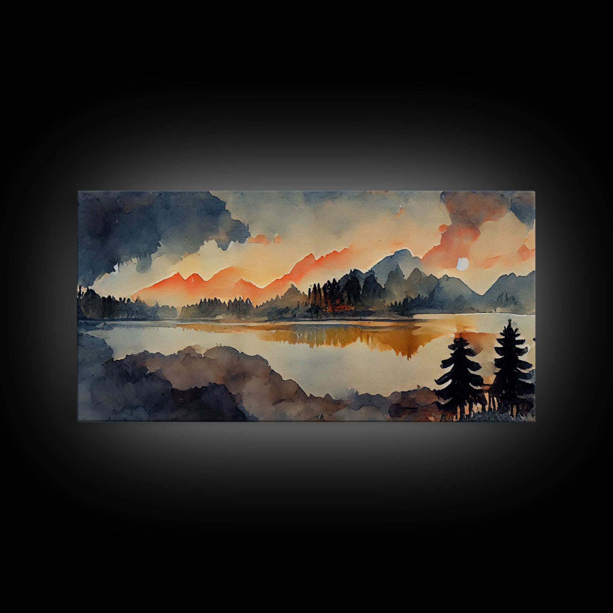 Watercolor painting of a forest fire, canvas print, landscape art