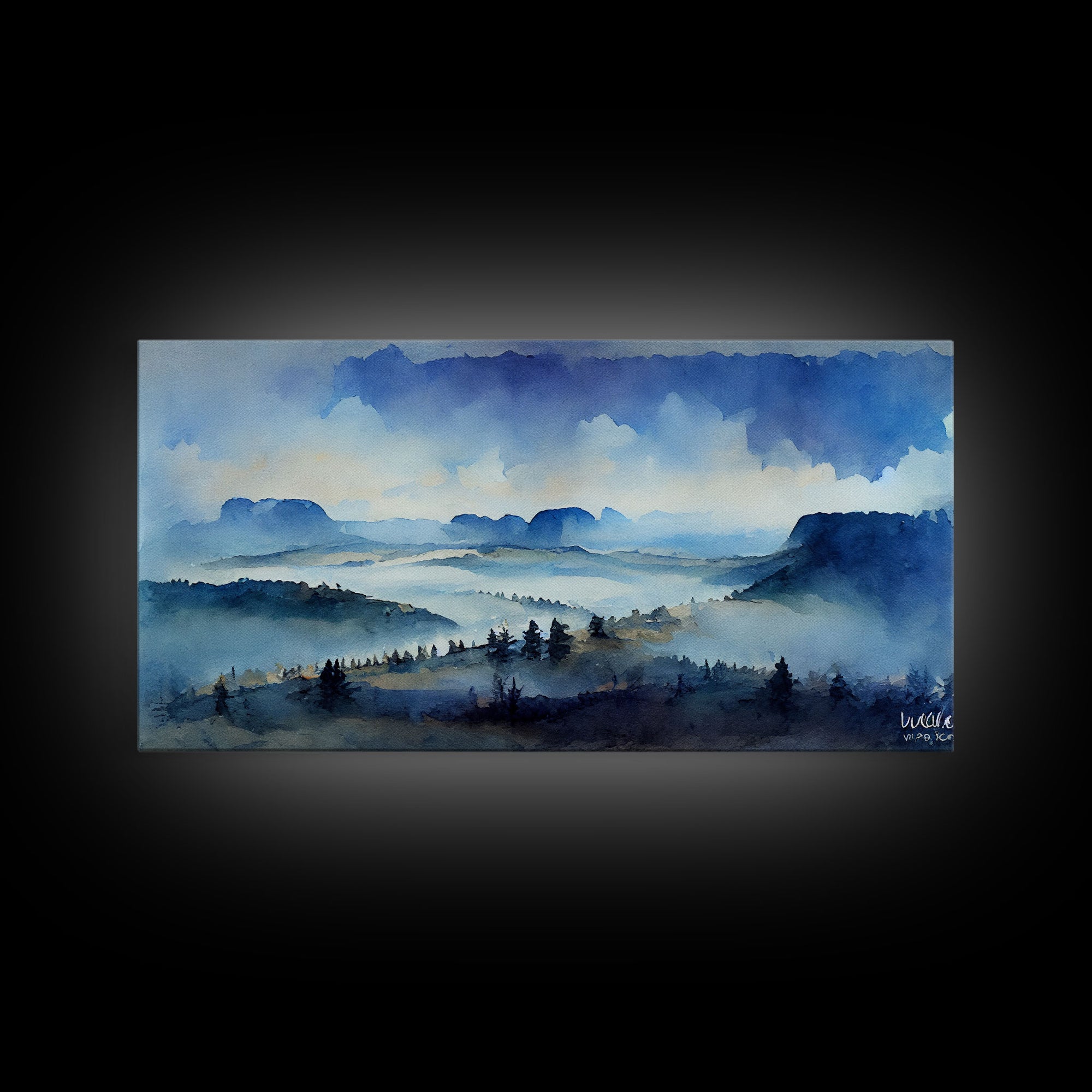 Watercolor Panoramic Canvas Print, Valley Trees and Mountain Landscape Art, Cool Living Room Art, farmhouse decor, guest room art