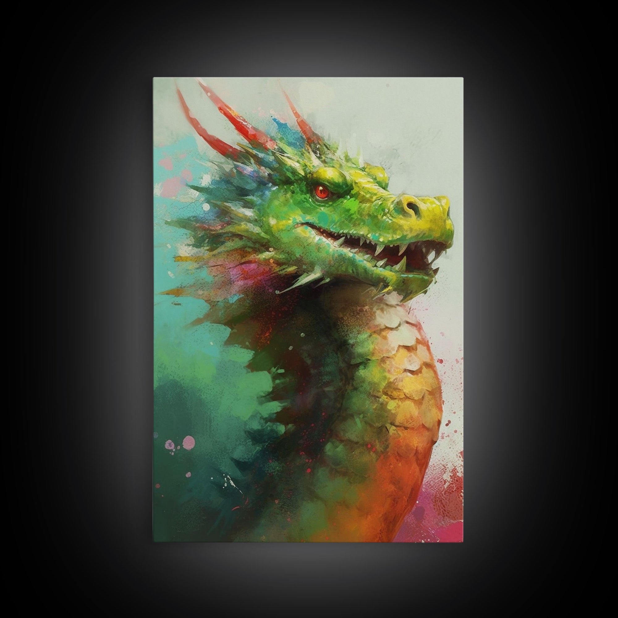 Framed Dragon Print, Watercolor Painting Of A Beautiful Dragon, Canvas Print, Canvas Art, Fantasy Decor