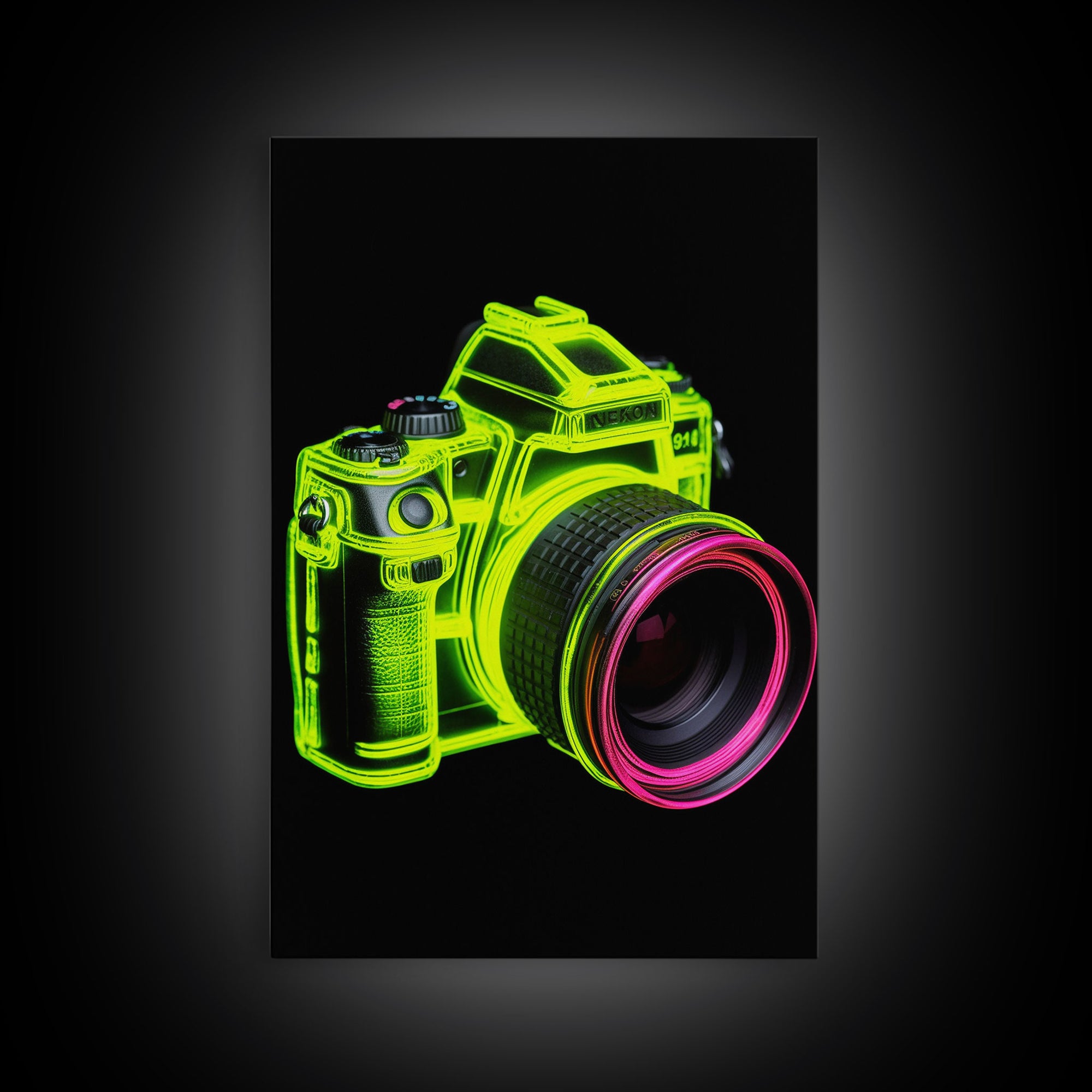 Neon Green Camera Wall Art, Neon Wall Decor, Photography Art, Minimalist Print, Wall Decor, Canvas Print, Wall Art, Framed Canvas