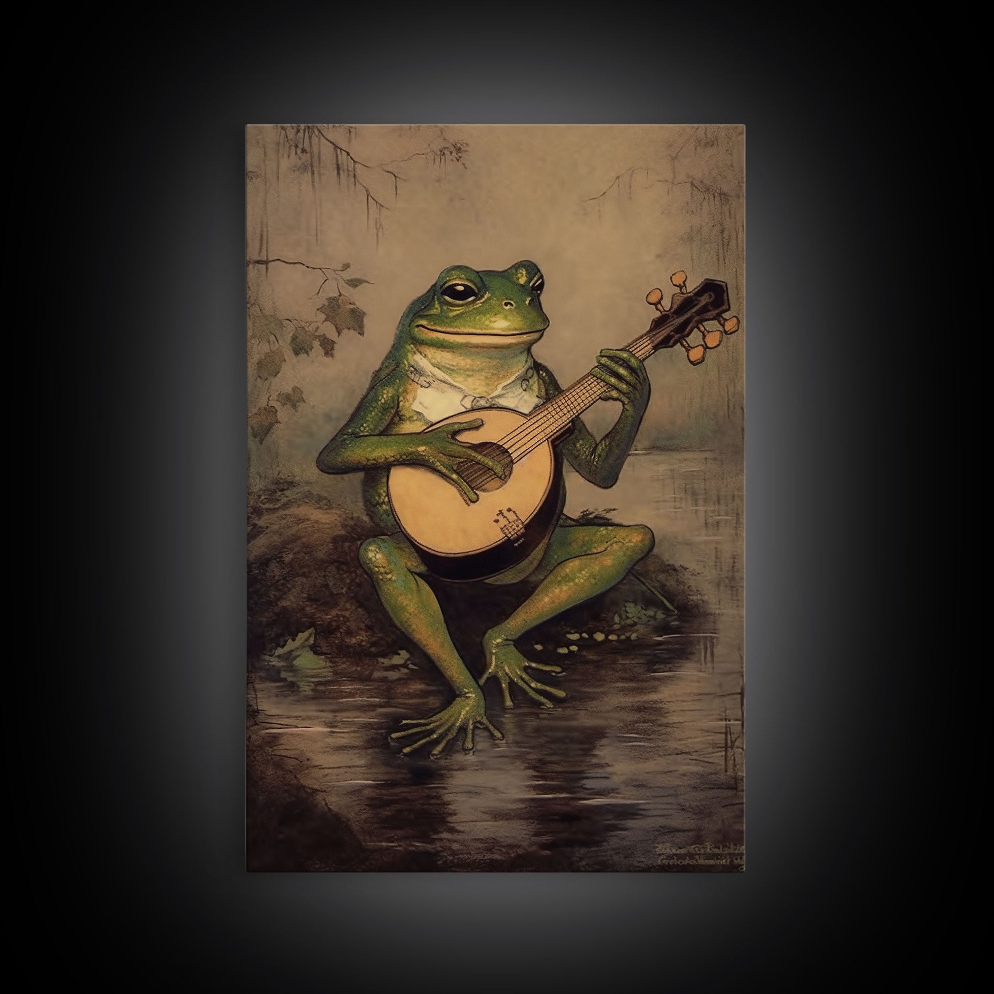 The Banjo Toad, Frog Playing A Banjo In The Moonlight, Vintage Canvas Print or Poster, Funny Frog Art, Retro Art, Vintage Print