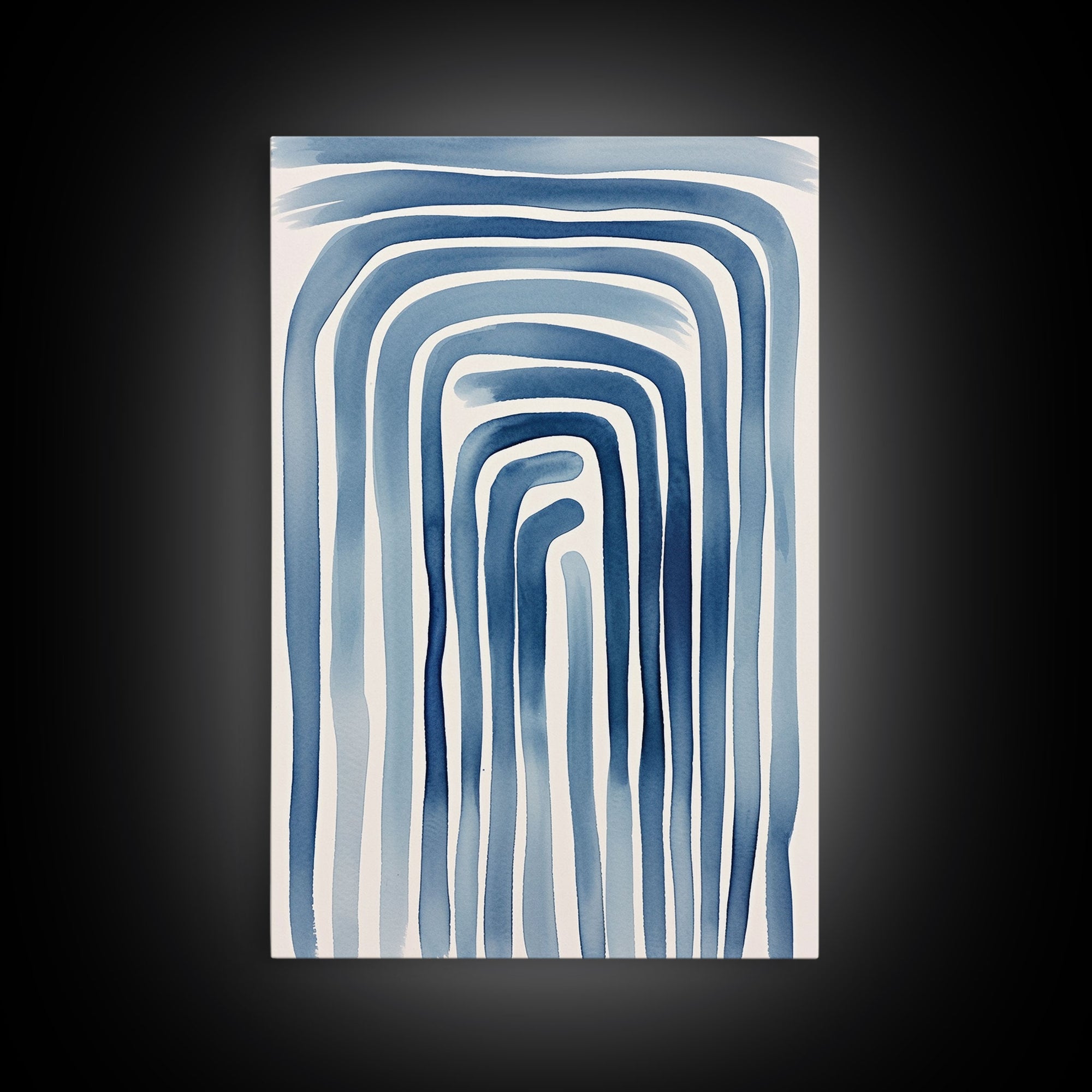 Framed Canvas Print Watercolor Blue Geometric Pastel Lines, Minimalist Abstract Room Decor, Mid-Century Modern Art Print, Retro Art