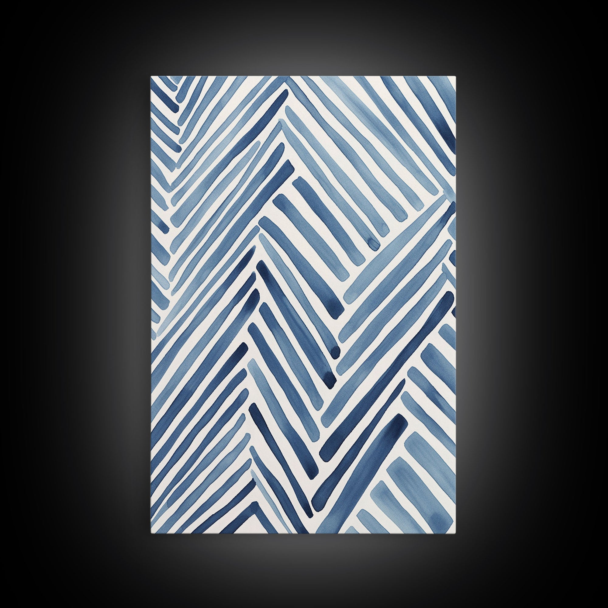 Framed Canvas Print Watercolor Blue Geometric Pastel Lines, Minimalist Abstract Room Decor, Mid-Century Modern Art Print, Retro Art