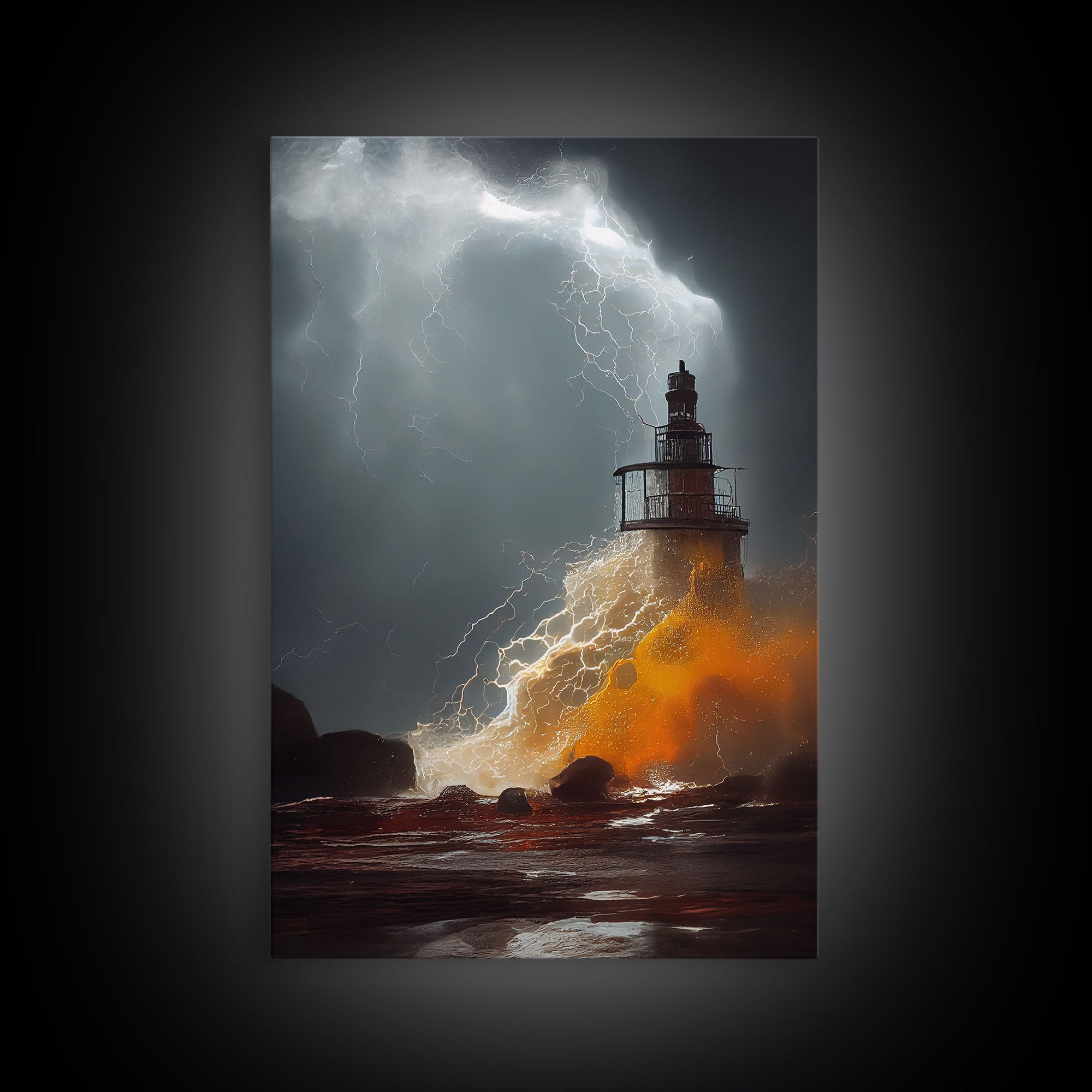 Lighthouse Oil Painting Canvas Print, Light house landscape print, Lighthouse in a storm with lightning and thunder, waves crashing