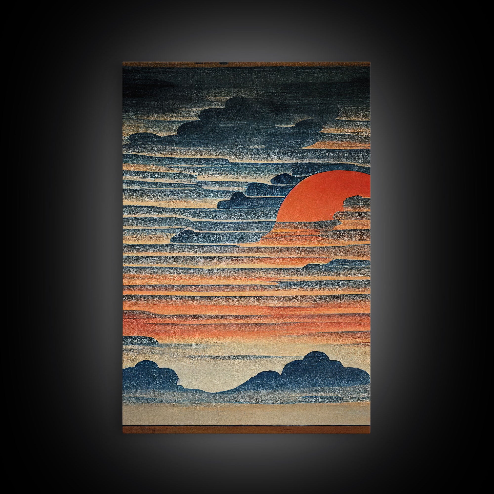 Japanese style wall art, sunrise over the mountains, canvas print, woodblock print style art, Hokusai style wall art