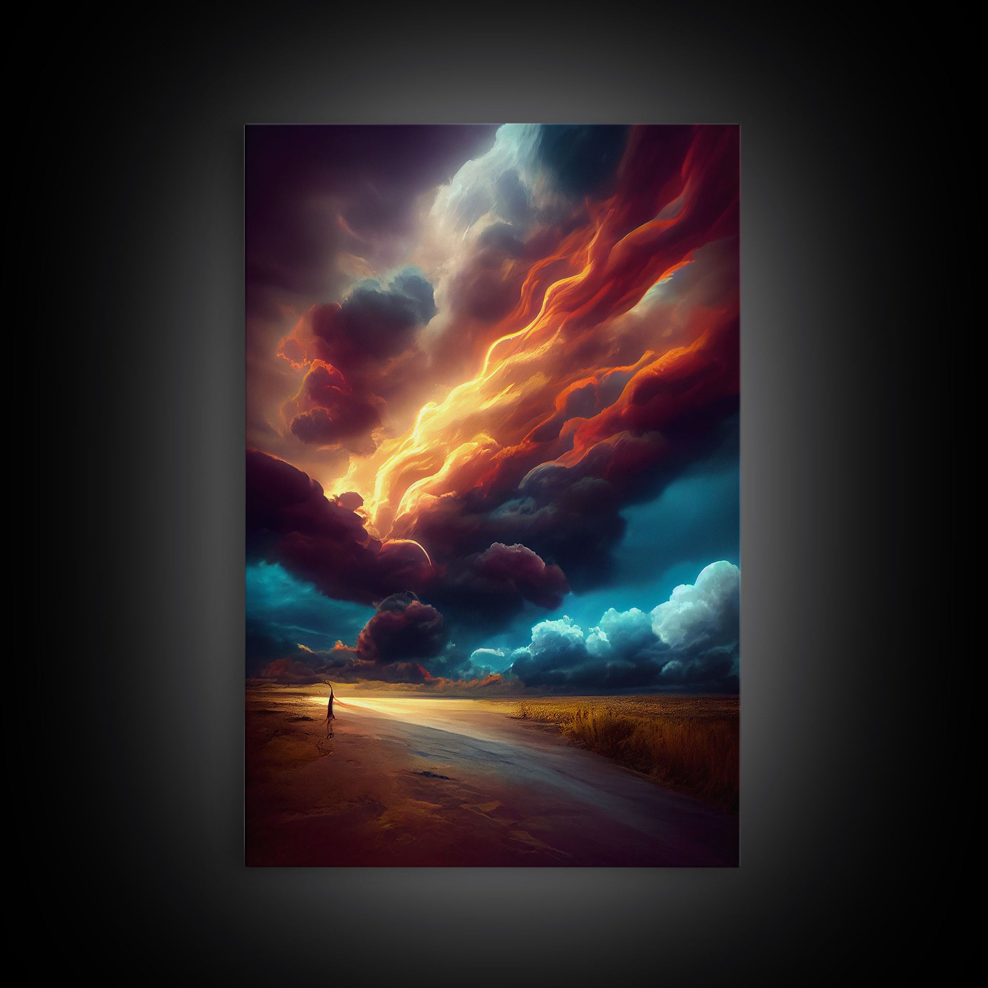 Watercolor painting canvas print of a thunder storm, gloomy wall art, golden hour, cool rain storm wall art