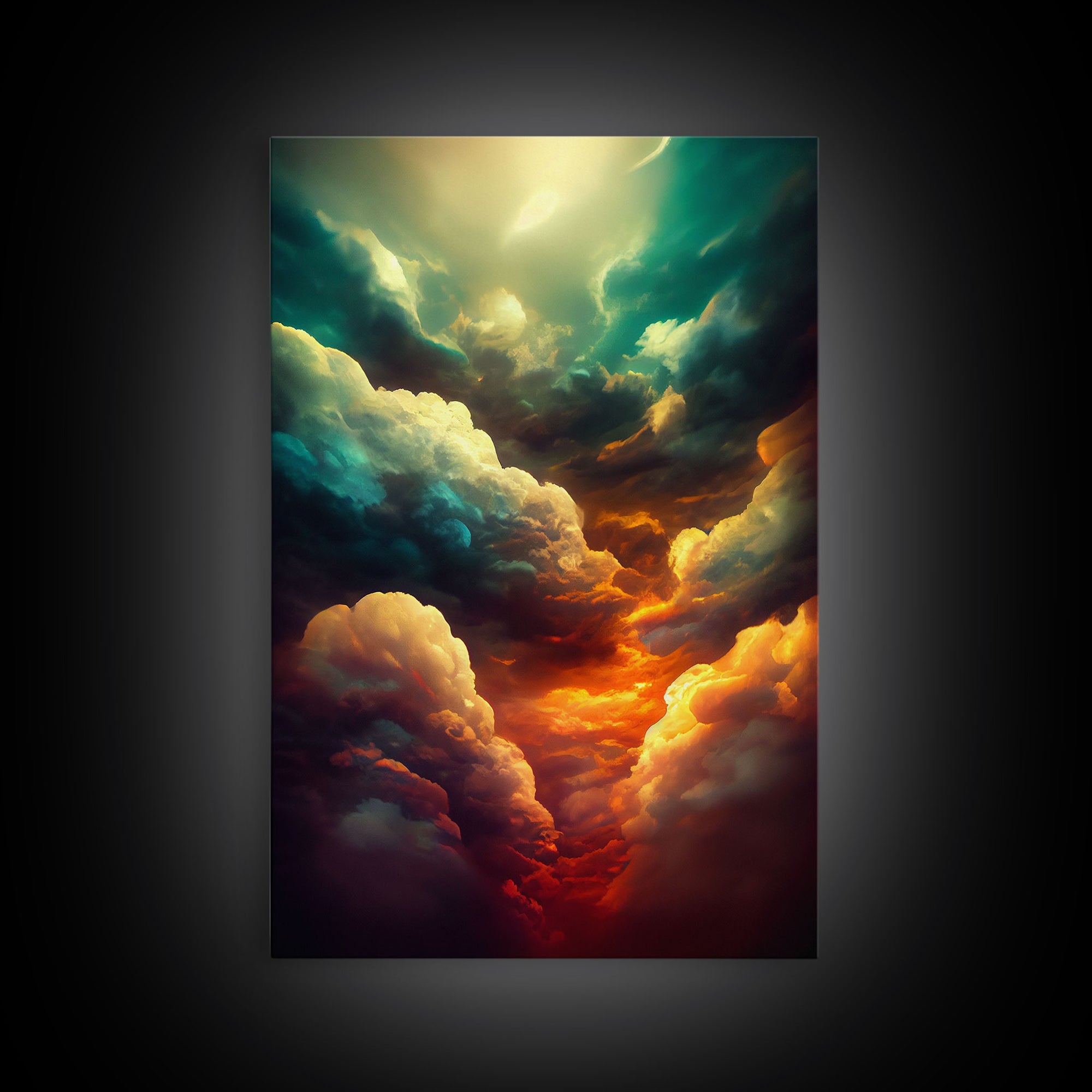 Watercolor painting canvas print of a thunder storm, gloomy wall art, golden hour, cool rain storm wall art, stormy skies
