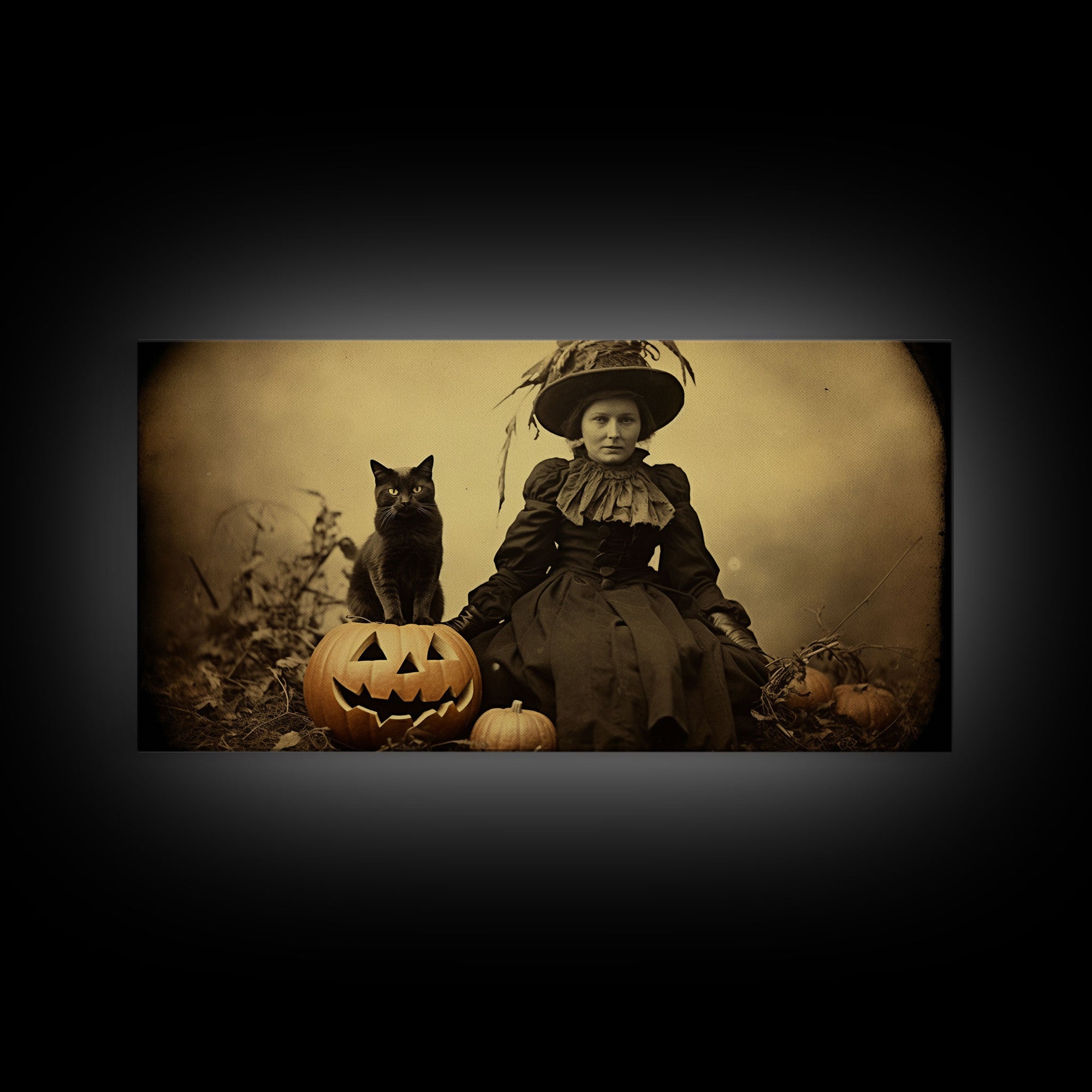 Spooky Halloween Art, Tin Type Photo Of A Witch and Her Black Cat, Witchy Decor, Canvas Print, Witch Girl, Dark Academia, Gothic Victorian