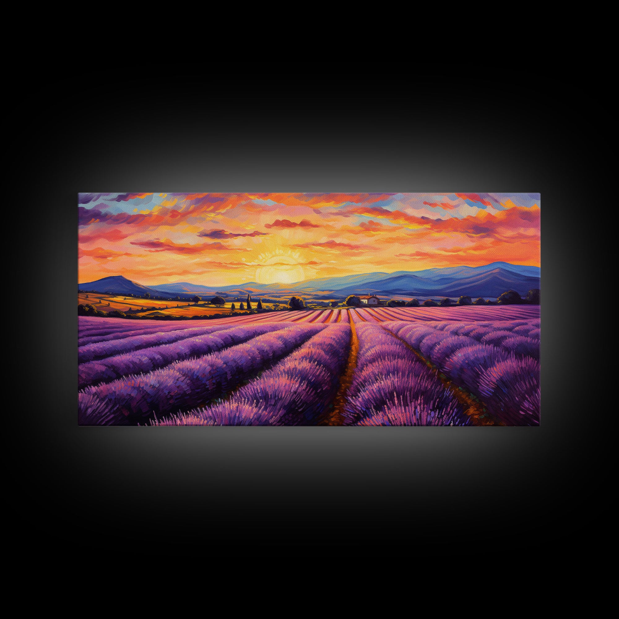 Lavender Fields, Framed Canvas Print, Purple Art, Southwestern Decor, Farmhouse Art, Centerpiece Art, Digital Wall Art, Landacape Painting