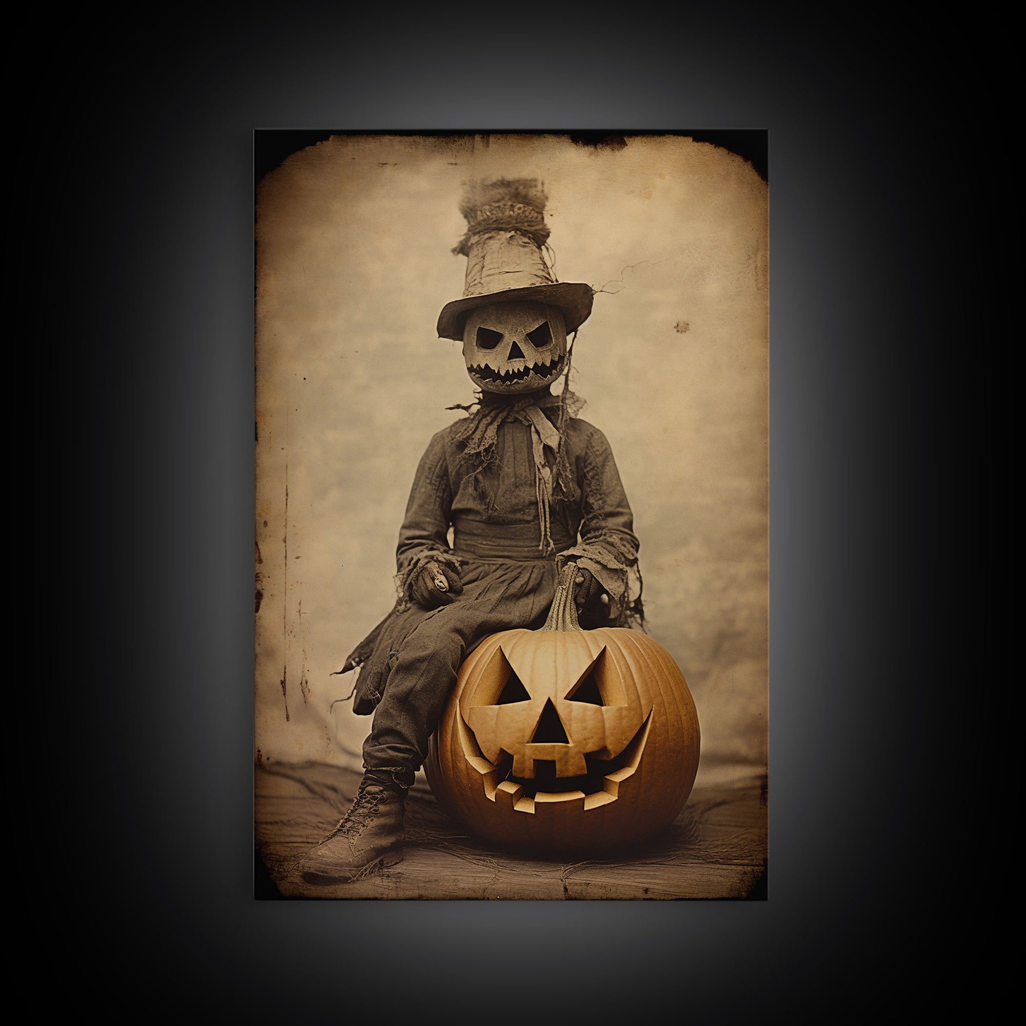 Spooky Halloween Art, The Scarecrow and the Jack O' Lantern, Framed Canvas Print, Halloween Canvas, Spooky Decor, Cottagecore Spooky Art