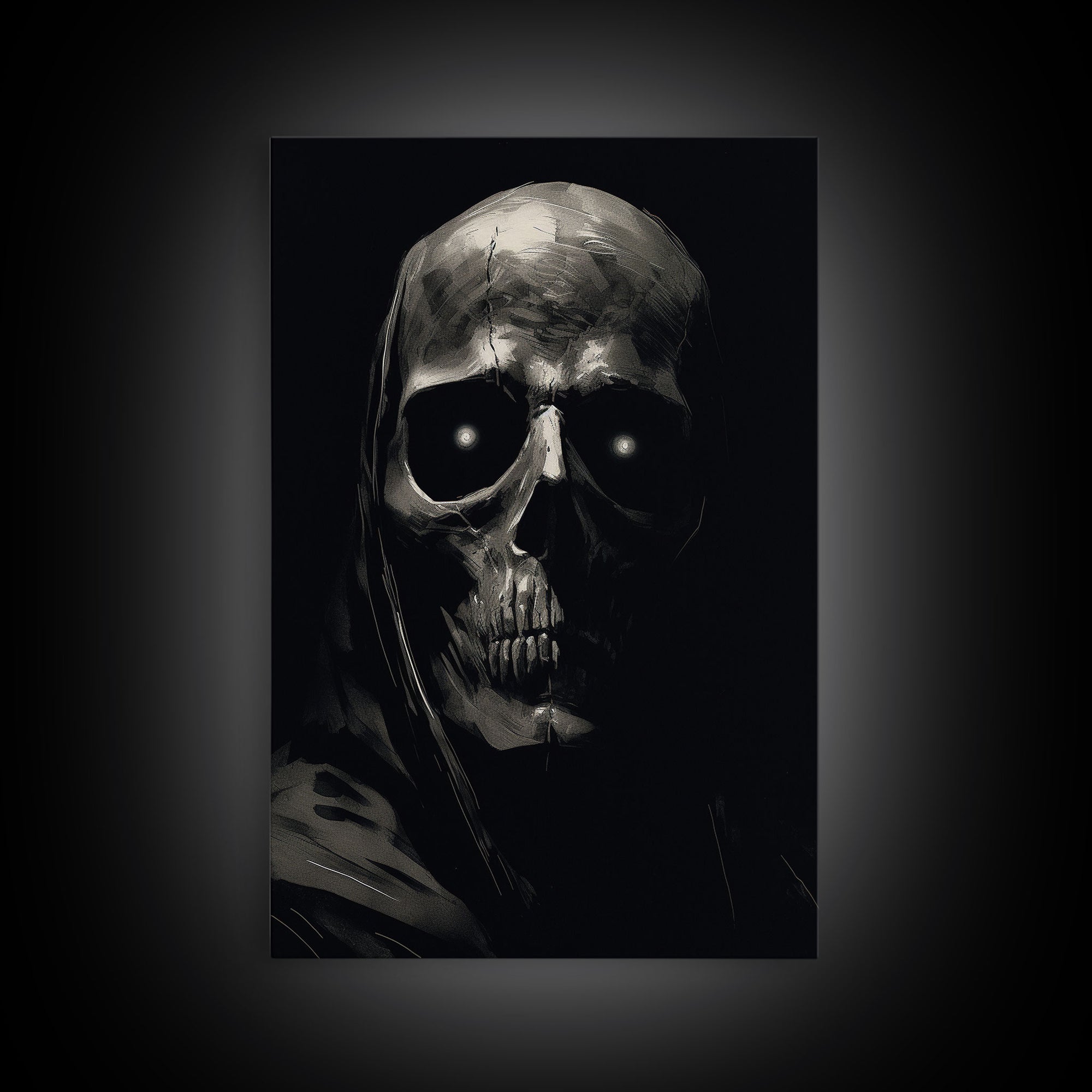 Glowing Eyes Grim Reaper, Spooky Halloween Canvas Art, Framed Canvas Print, Halloween Wall Decor, Skull Portrait