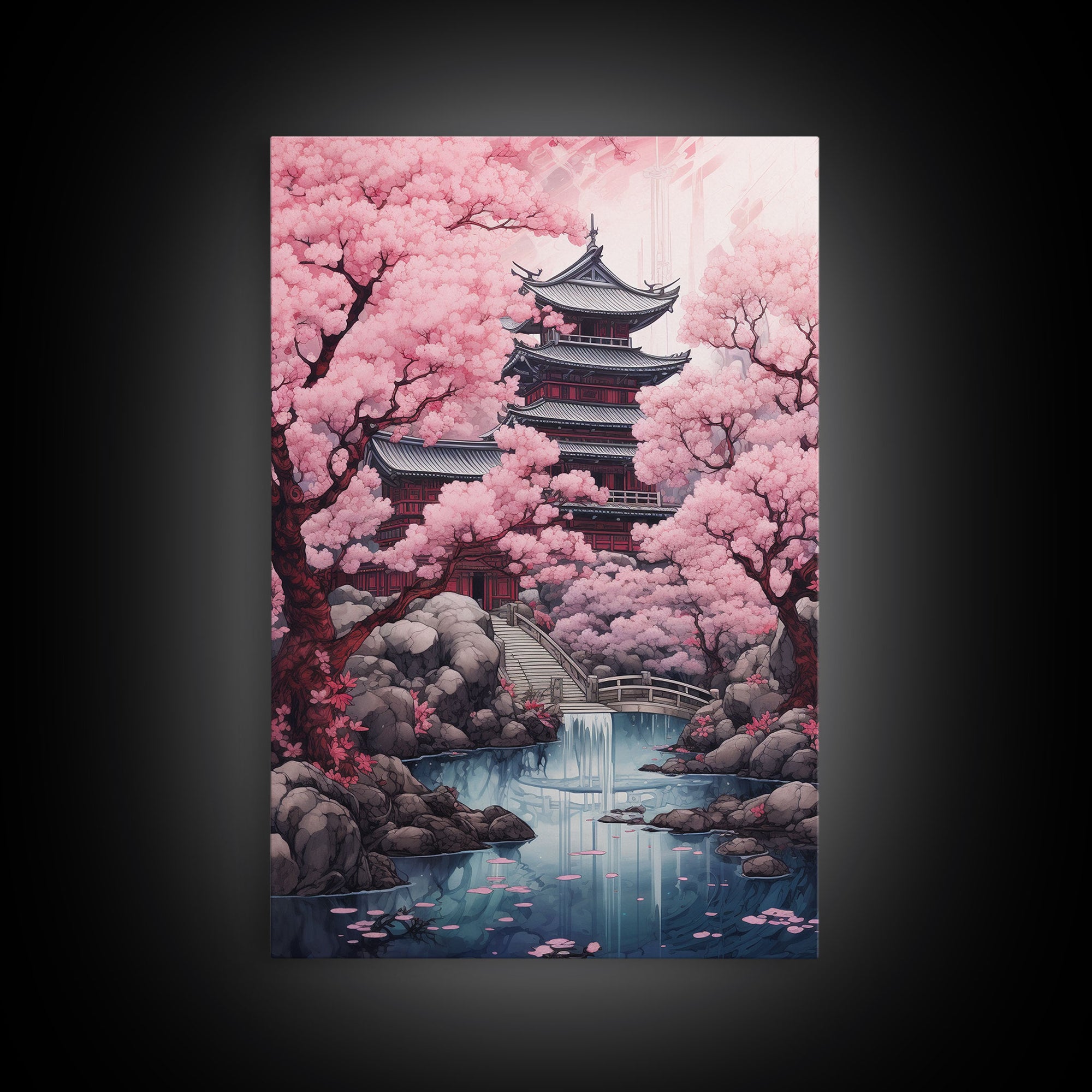 Pagoda Wall Art, Japanese Wall Art, Asian Art, Cherry Blossom Tree, Canvas Print, Wall Art, Vertical Art, Engagement Gift, Prints Wall Art