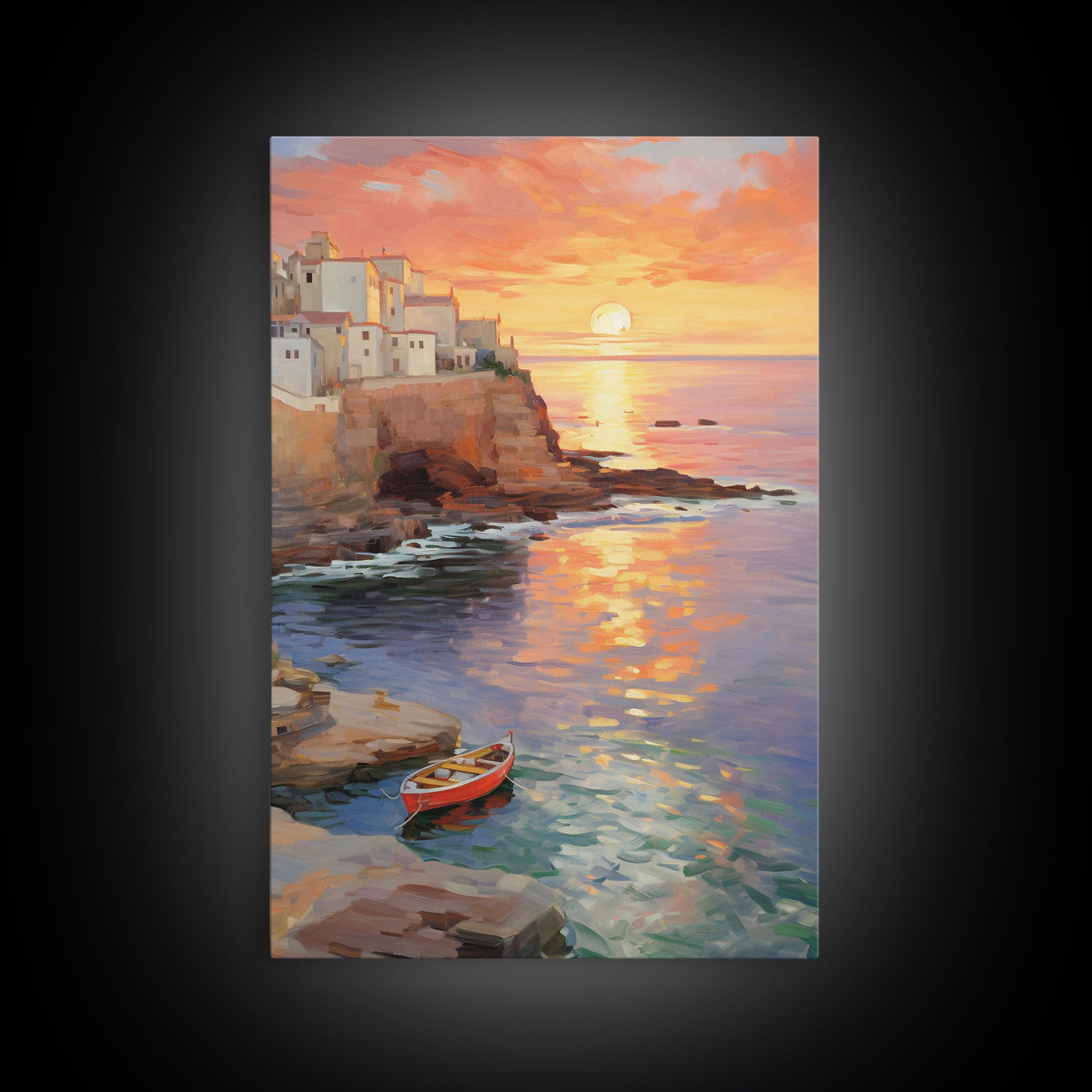 Watercolor Wall Art, Seaside Town, Boat Wall Art, Ocean Print, Sunset Wall Art, Canvas Print, Wall Art, Vertical Art, Teacher Gift, Home Art