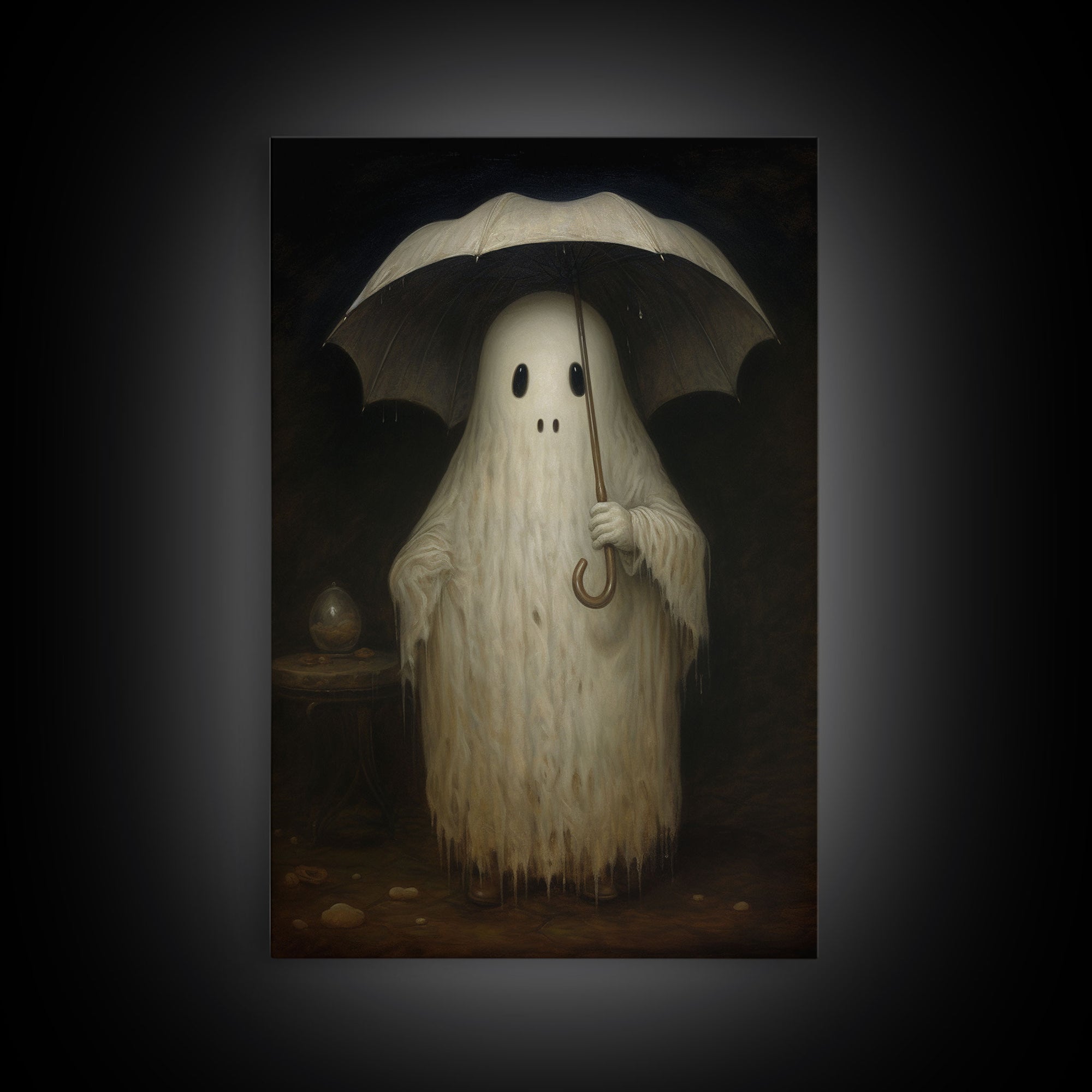 Cute Ghost Painting, Ghost In The Rain, Vintage Canvas, Art Canvas Print, Dark Academia, Haunting Ghost, Cute Halloween Decor