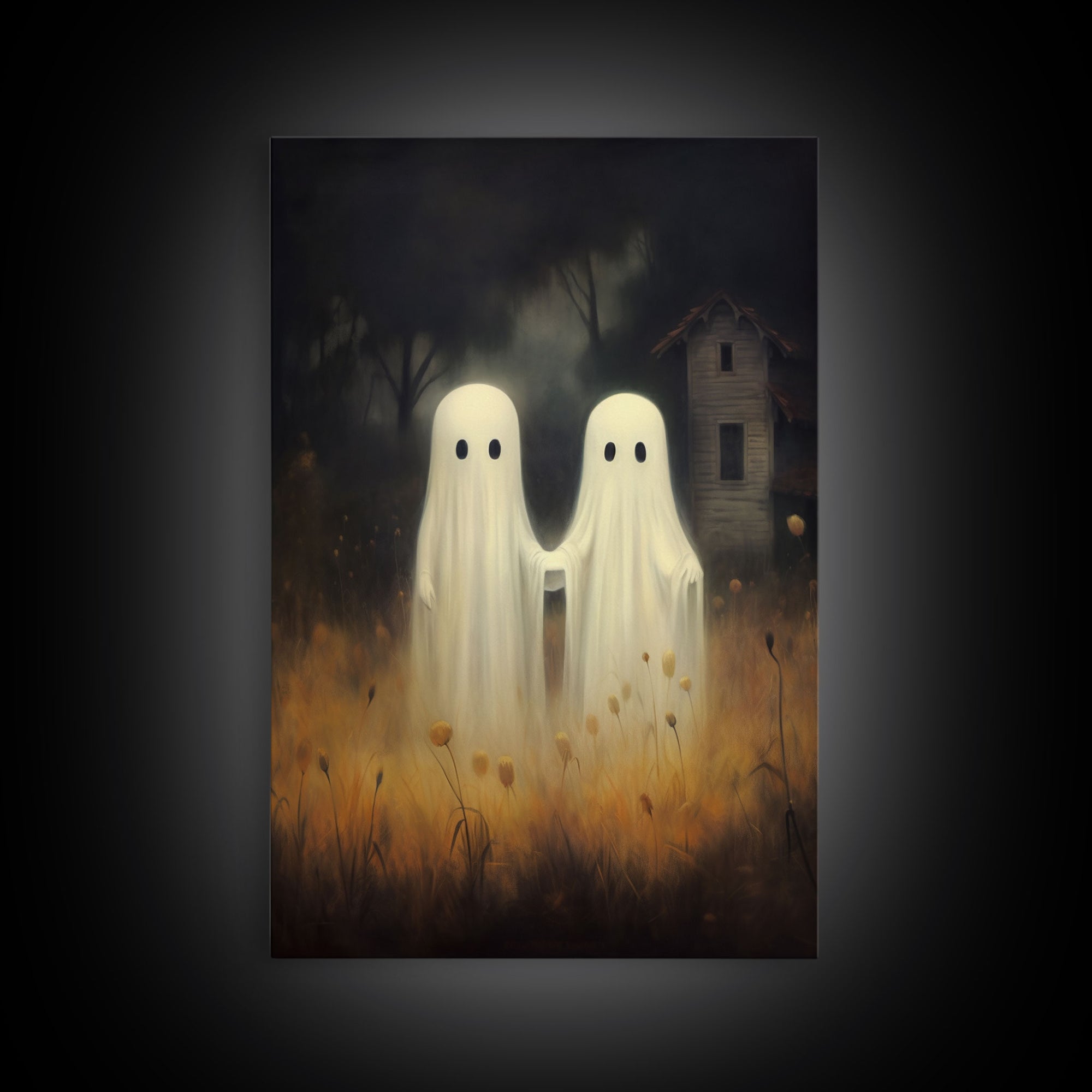 Farmhouse Ghosts Art Print, Halloween Art Print, Halloween Decor, Cute Ghosts in Field, Spooky Vintage Halloween, Wall Art, Framed Canvas