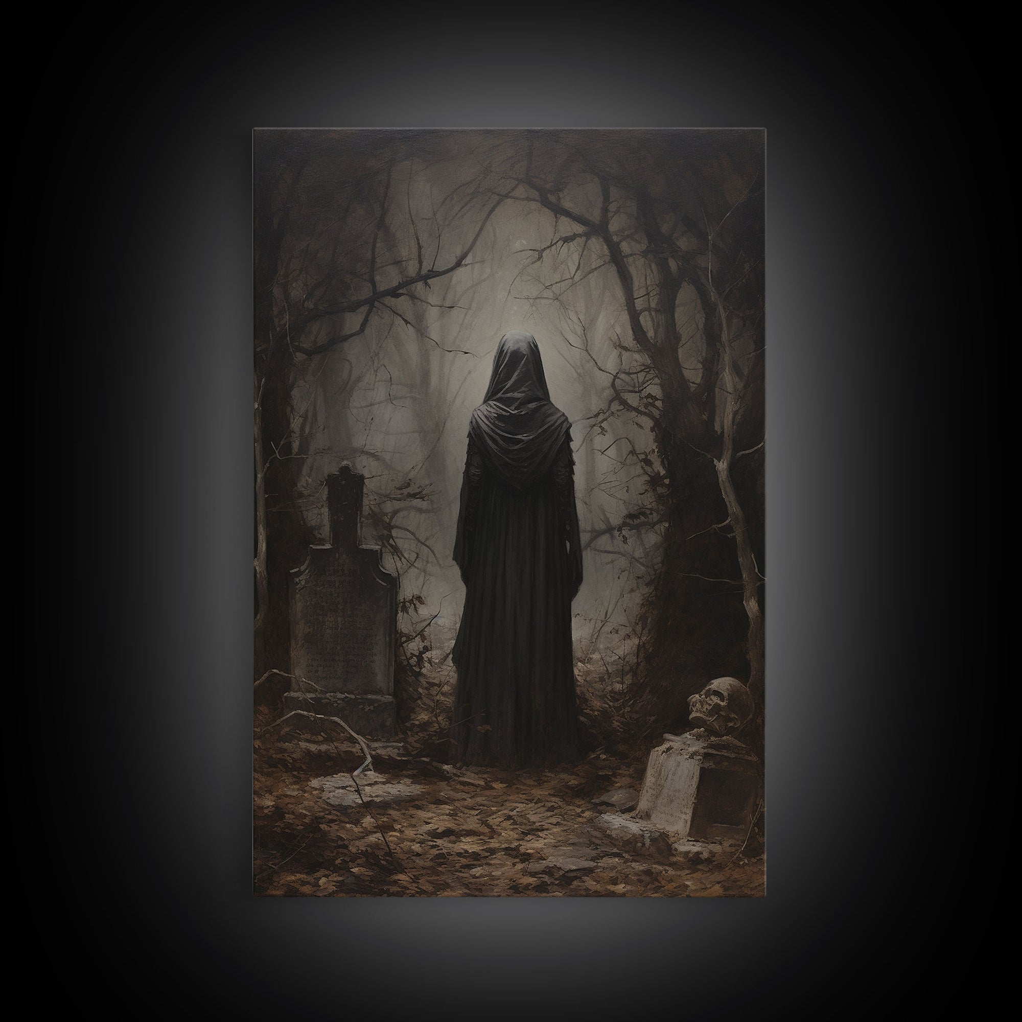 The Witch In The Cemetary, Vintage Halloween Witch Art, Halloween Canvas Printed / Framed Canvas, Witchy Decor, Witchcraft, Dark Academia