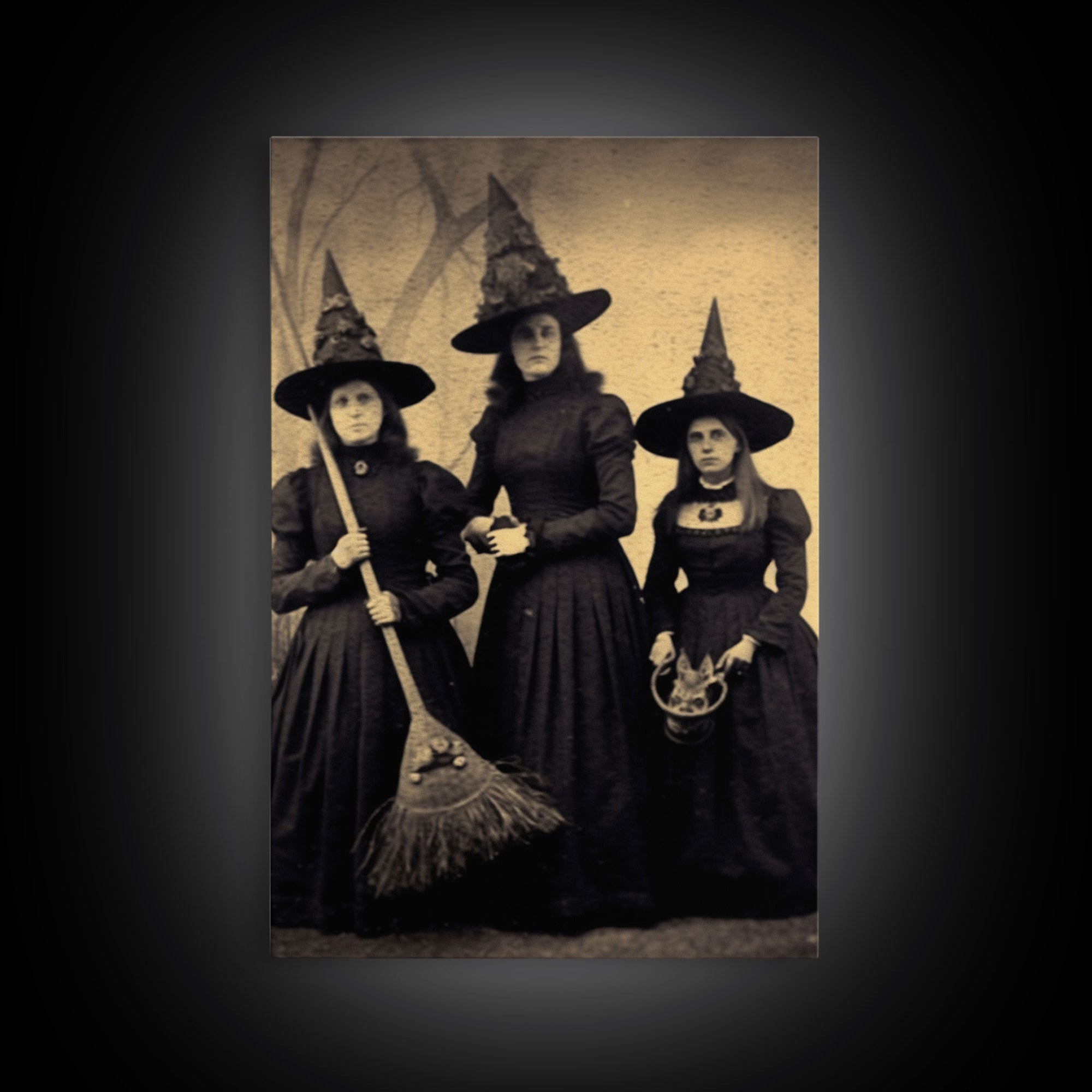 Victorian Witches, Vintage Tintype Style Photograph, Framed Canvas Print, Gothic Wall Art, Dark Academia, Witch Art