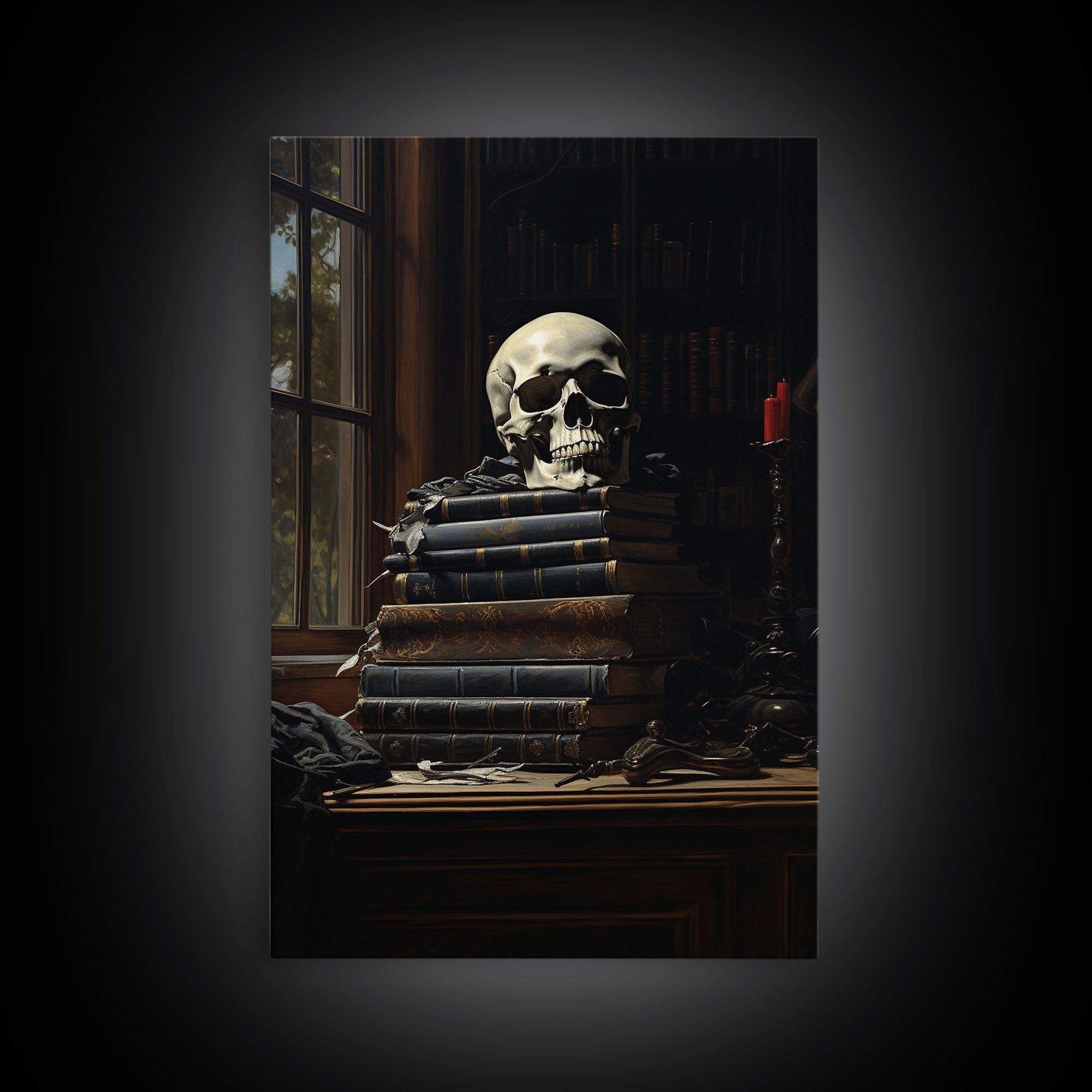 Gothic Victorian Book Shelf With Skull, Vintage Canvas, Art Canvas Print, Dark Academia, Gothic Victorian, Reading Gifts, Halloween Decor