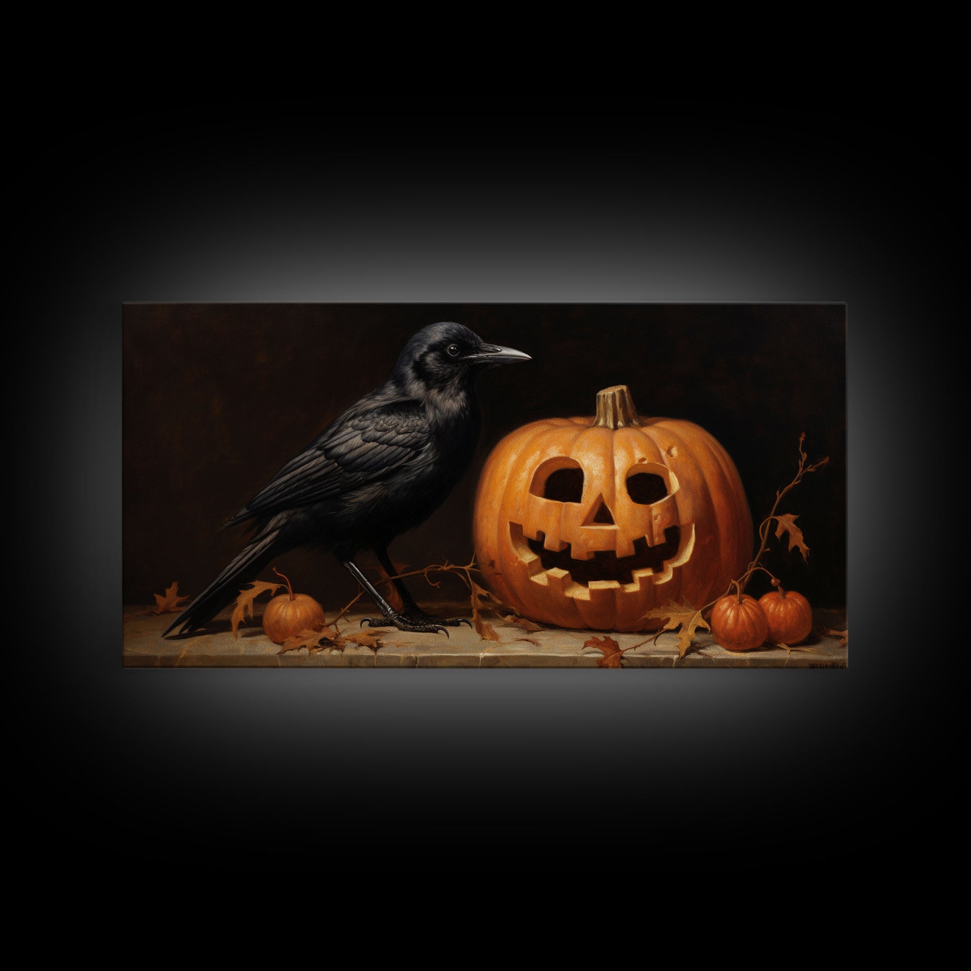 Spooky Crow Print, The Raven and The Jack O Lantern, Halloween Wall Art, Victorian Oil Painting