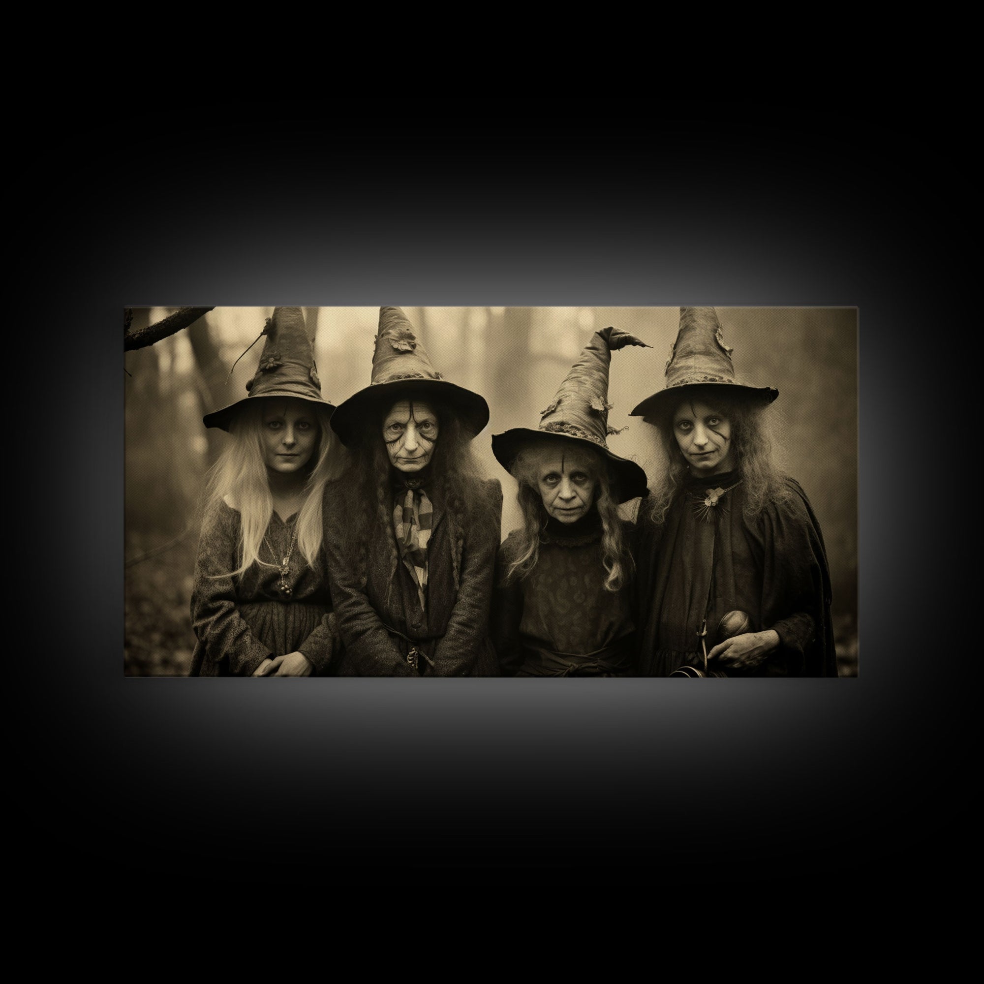The Coven, Witch Art, Witch Decor, Creepy Halloween Decor, Framed Canvas Print, Vintage Tintype Photo Art, Halloween Art Print