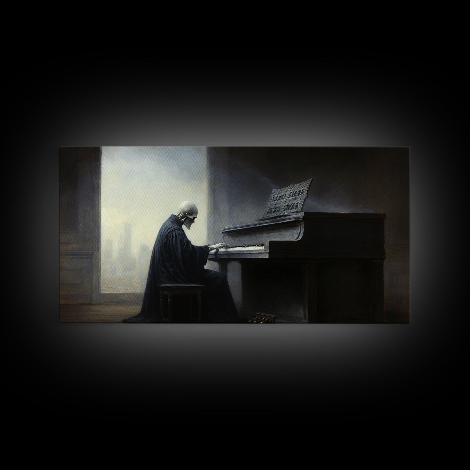 Grim Reaper Playing The Piano, Framed Canvas Print, Cool Halloween Decor, Wild West Themed Halloween Art