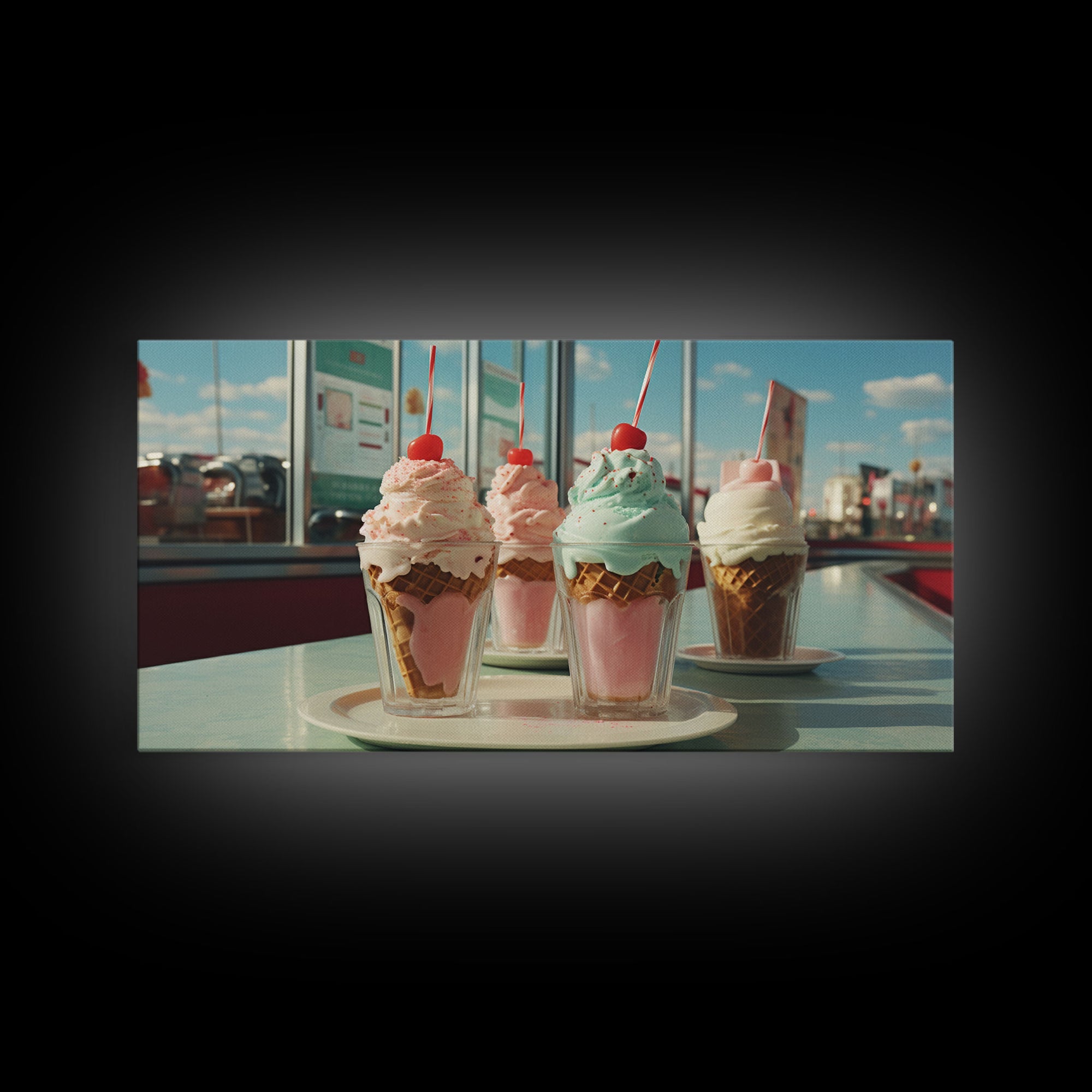 Ice Cream Shop Decor, Framed Canvas Print, Cute Nursery Decor, Retro Ice Cream Parlor Wall Art