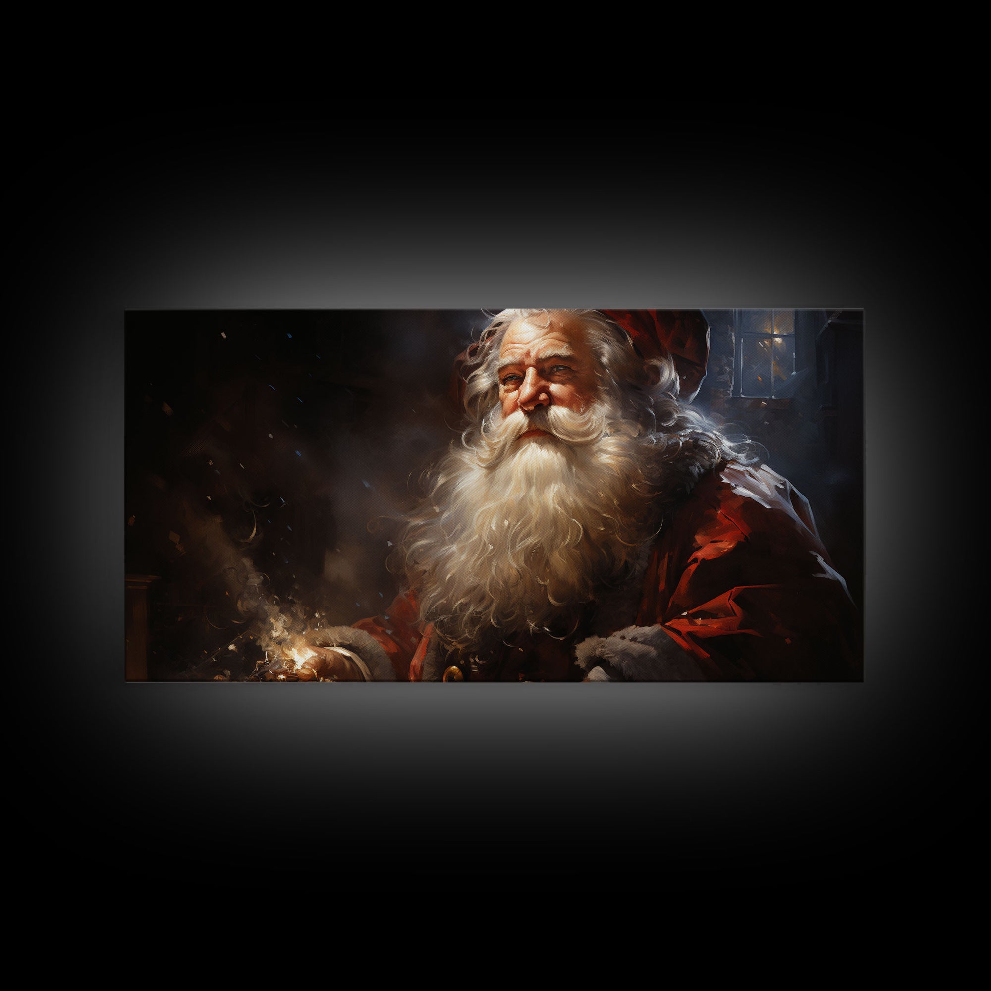 Santa Claus Burning The Midnight Oil - Framed Canvas Print - Christmas Santa Art - Xmas Decor Poster - Vintage Xmas Holiday Art Print