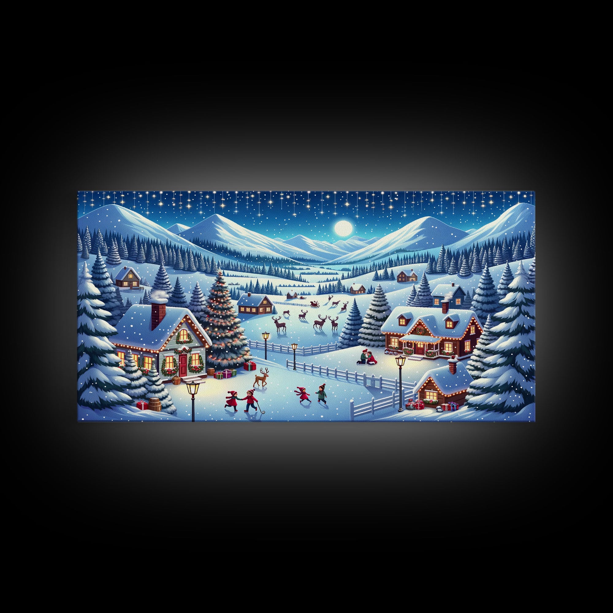 Cute Christmas Village Centerpiece Wall Art - Framed Canvas Print - Winter Wonderland Decorated for Christmas Canvas Wall Art - Vintage Xmas