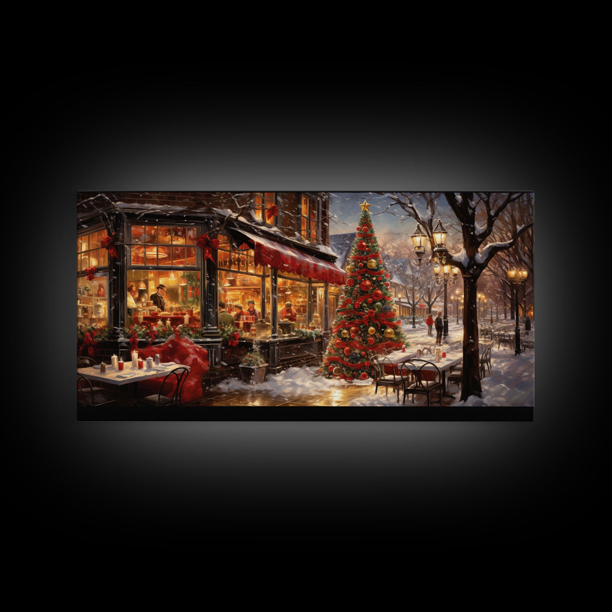 Retro 50s Diner Decorated For Christmas, Framed Canvas Print, Christmas Wall Art, Christmas Decor, Mom Christmas Gift, Christmas Village