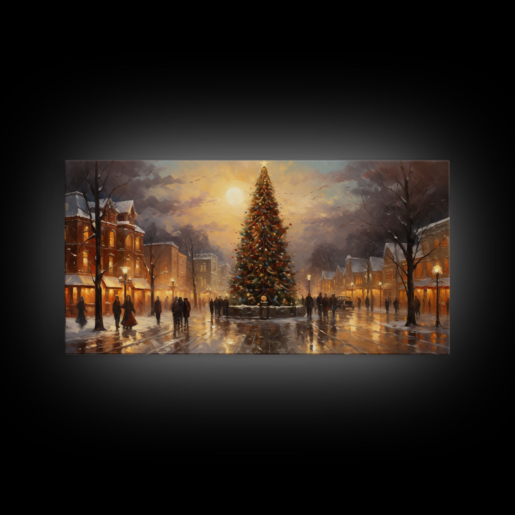 RetroChristmas Village For Christmas, Framed Canvas Print, Christmas Wall Art, Christmas Decor Christmas Gift, Holiday Watercolor Painting