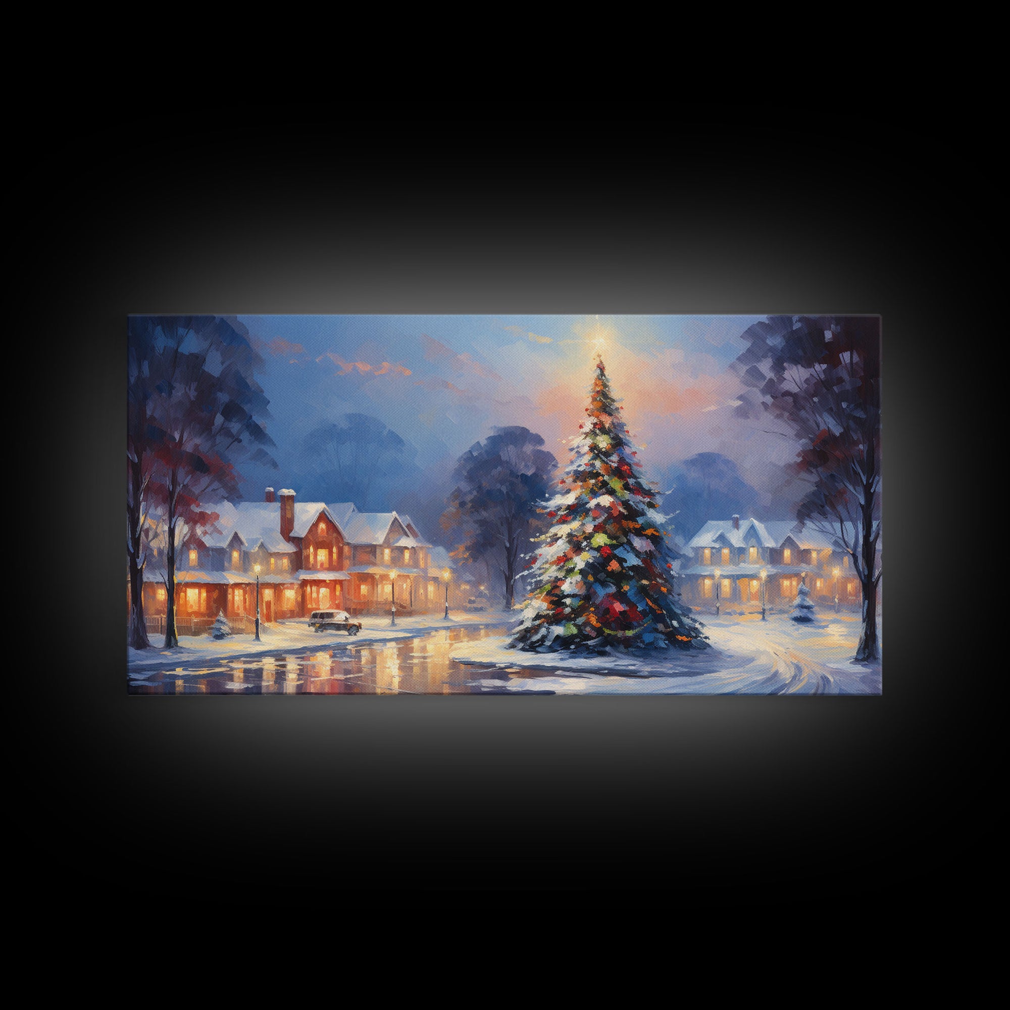 Cute Christmas Decor, Christmas Wall Art, Vintage Winter Wonderland Christmas Village Oil Painting Canvas Print, Framed Wall Art