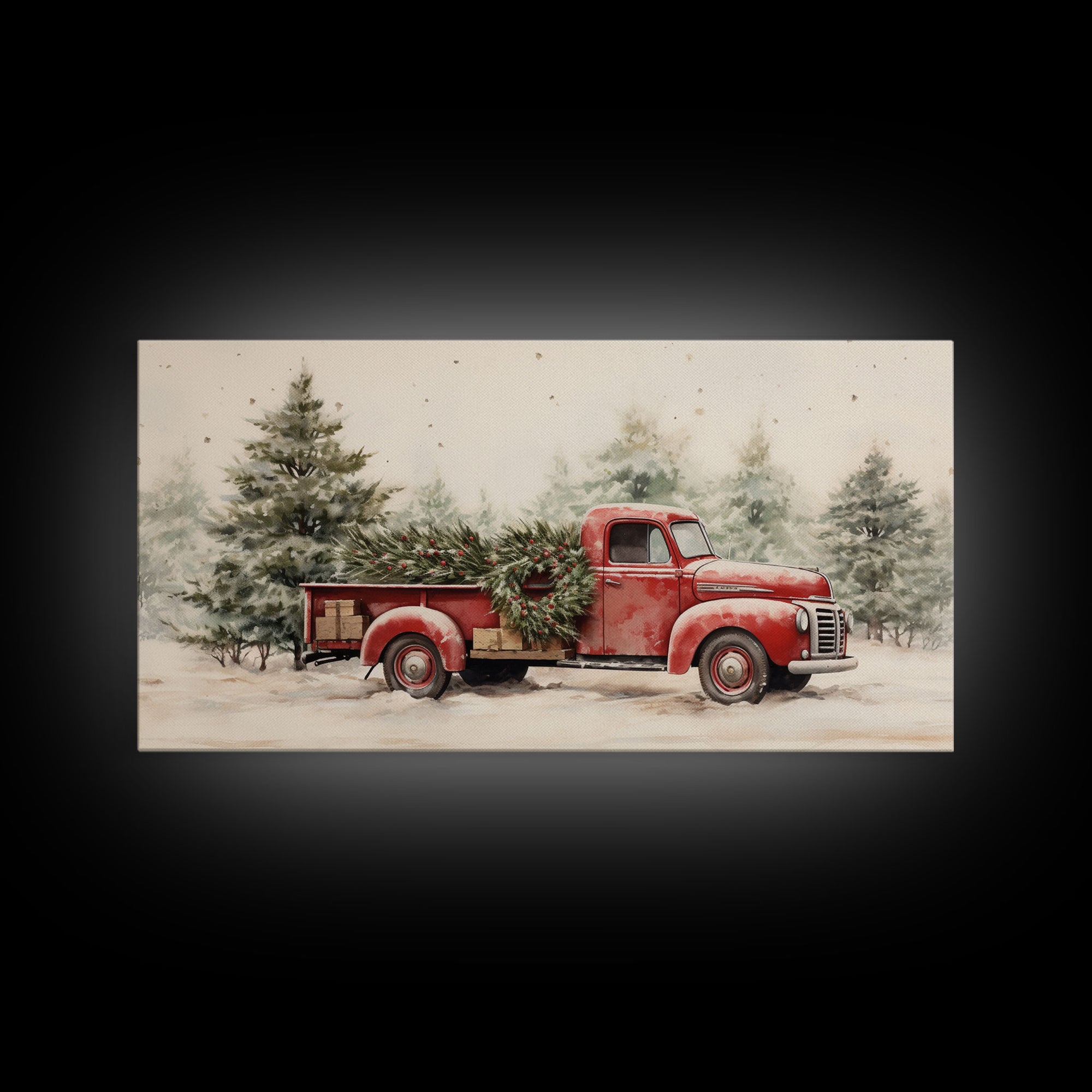 Christmas Tree Delivery - Framed Canvas Print - Vintage Style Farmhouse Christmas Decor Wall Art - Retro 1950s Truck Christmas Art