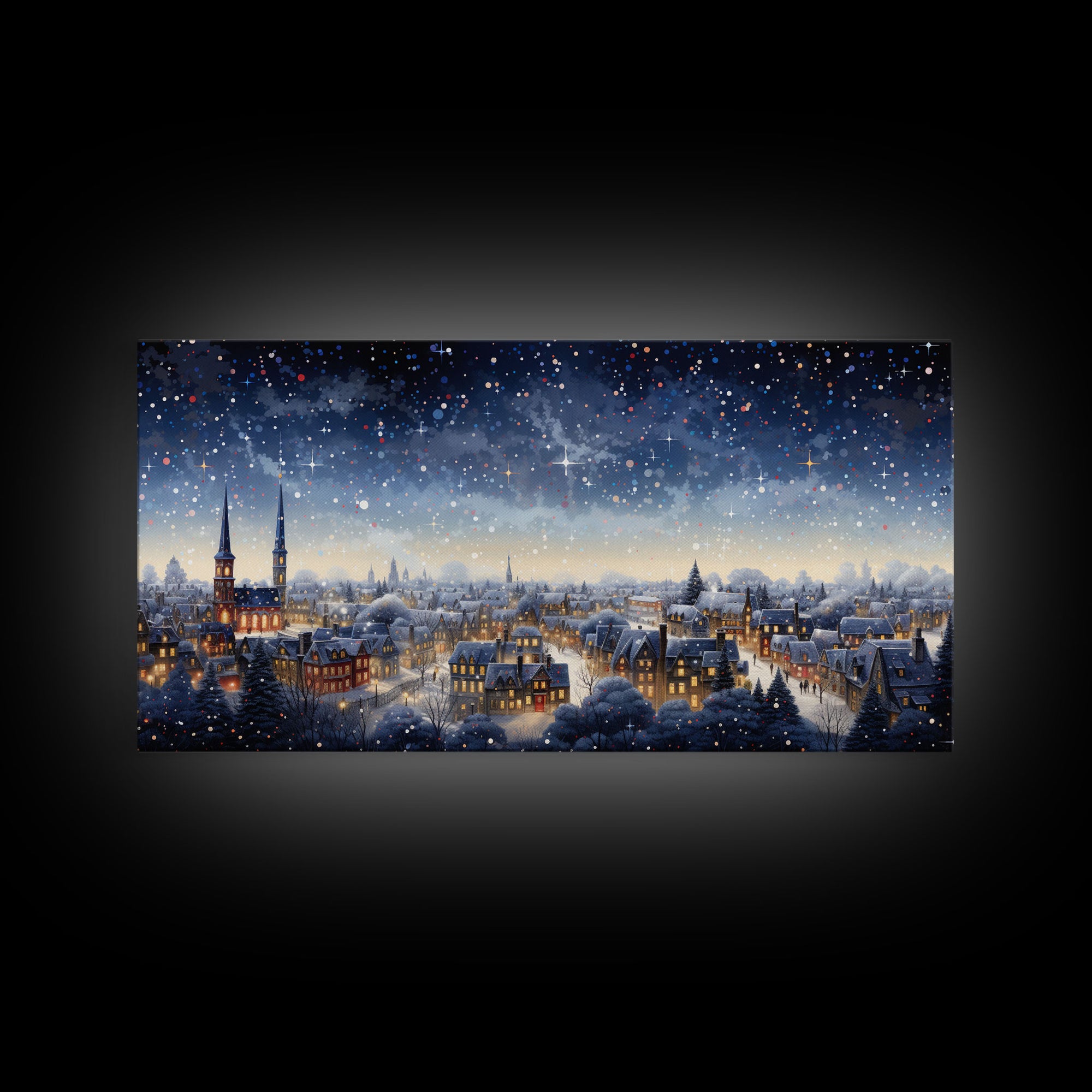 Snowfall Over A Victorian Village - Winter Decor - Christmas Wall Art - Framed Canvas Print - Winter Art Print - Winter Landscape