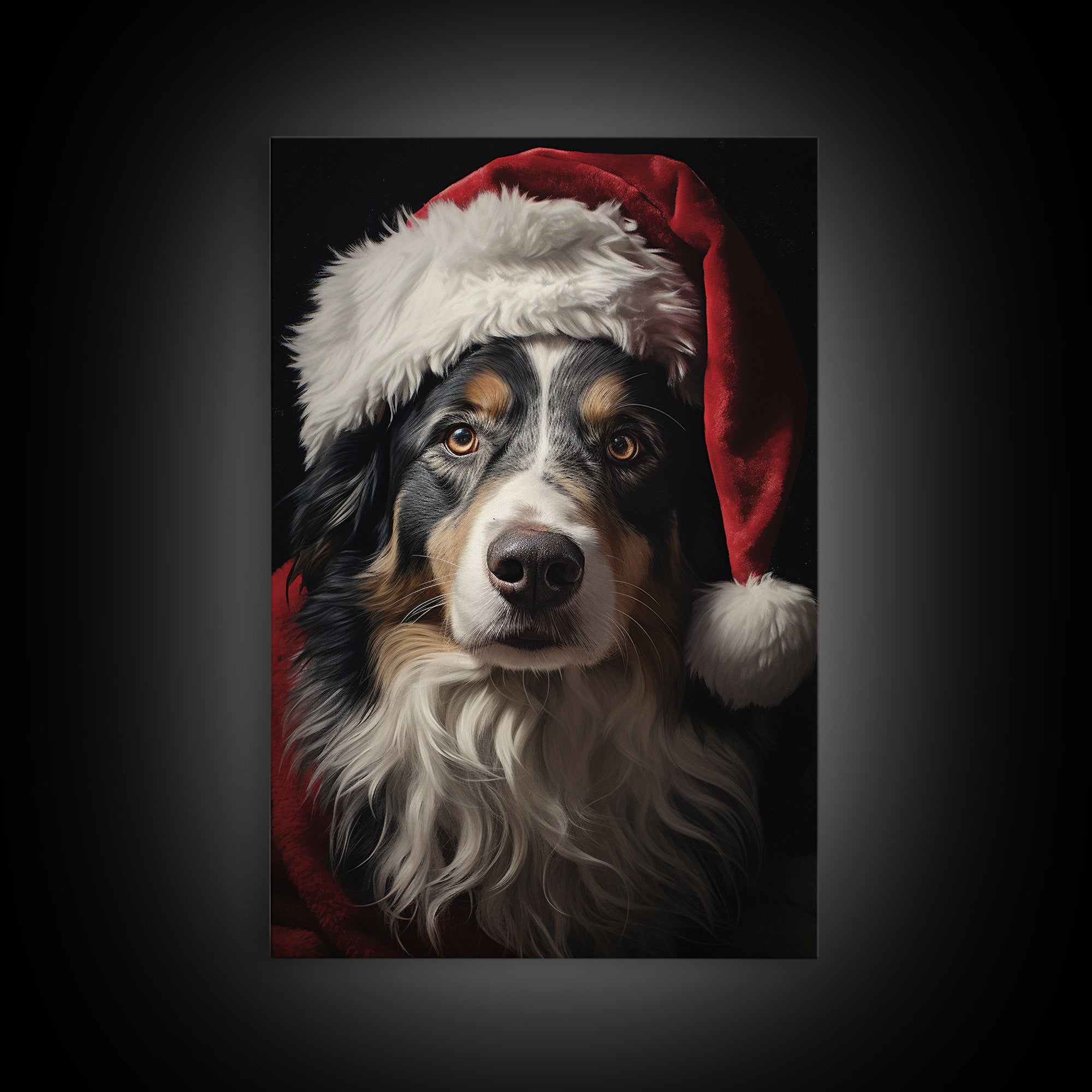 Portrait Of An Australian Shepherd In A Santa Hat, Christmas Art, Christmas Decor, Christmas Wall Art, Christmas Painting, Vintage Christmas