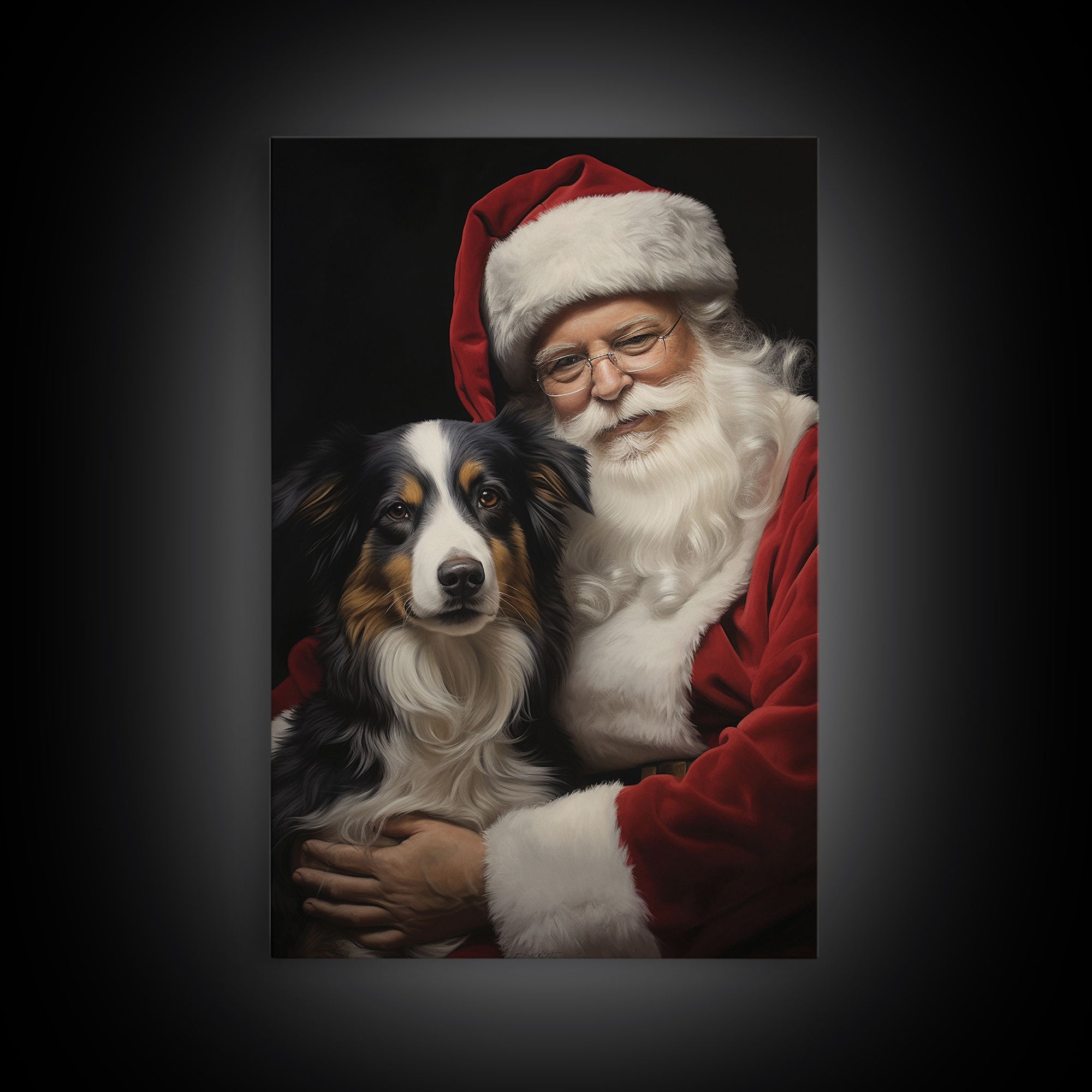 Santa Claus And His Border Collie, Christmas Wall Art, Dog Gift, Christmas Dog, Winter Wall Art, Santa Decor, Santa Art Print, Cute Dog