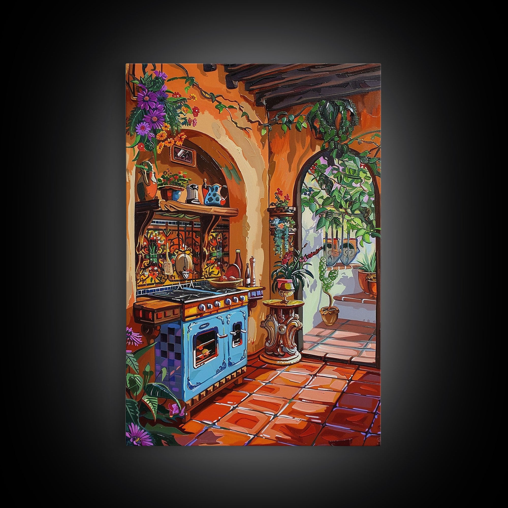 Rustic Spanish Style Kitchen Framed Canvas Print Colorful Tile Art Best Gift Idea Above Sofa Bright Home Decor Seasonal Wall Art