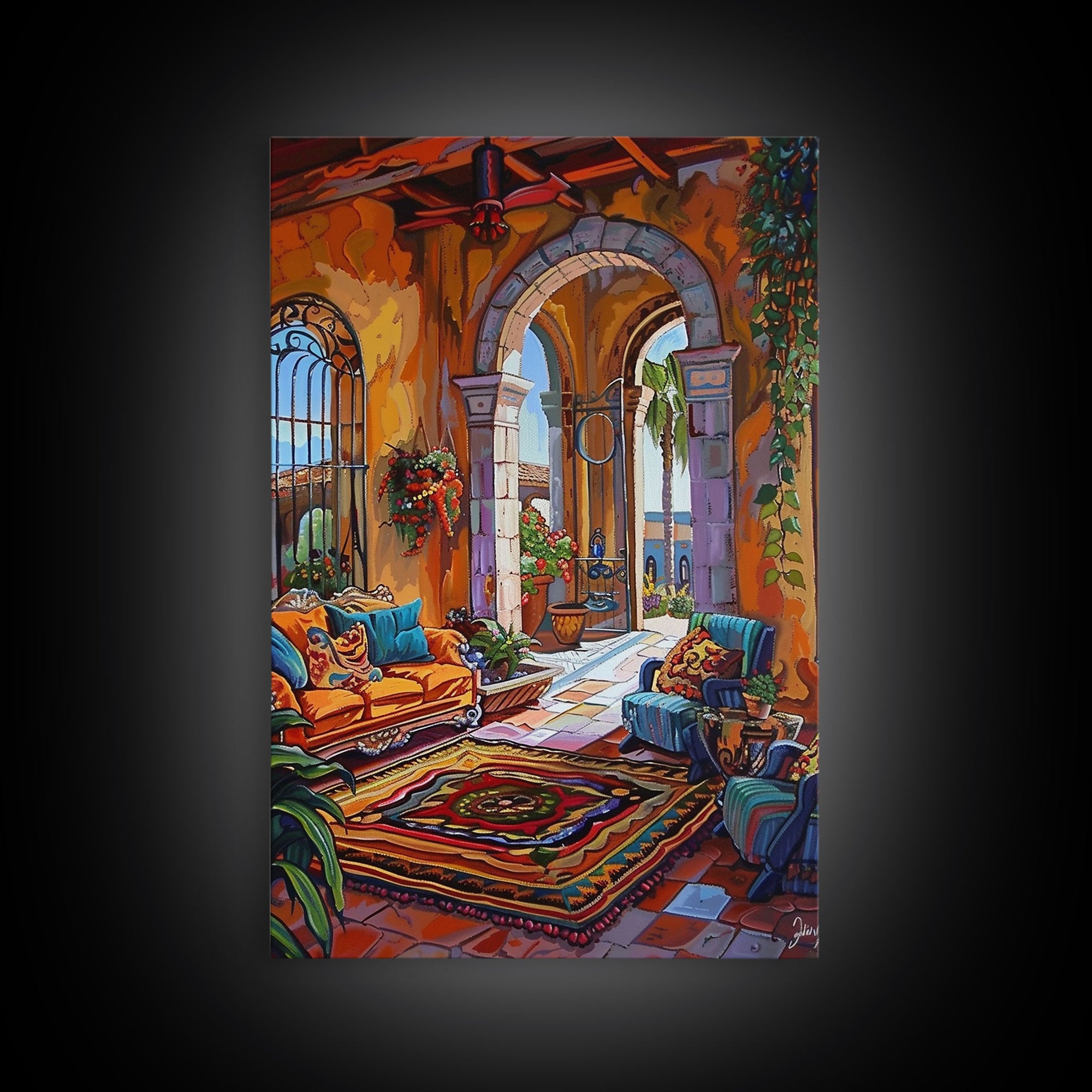 Mediterranean Lounge With Mountain View Framed Canvas Print Spanish Style Patio Wall Art Home Decor Best Gift Seasonal Above Sofa Art