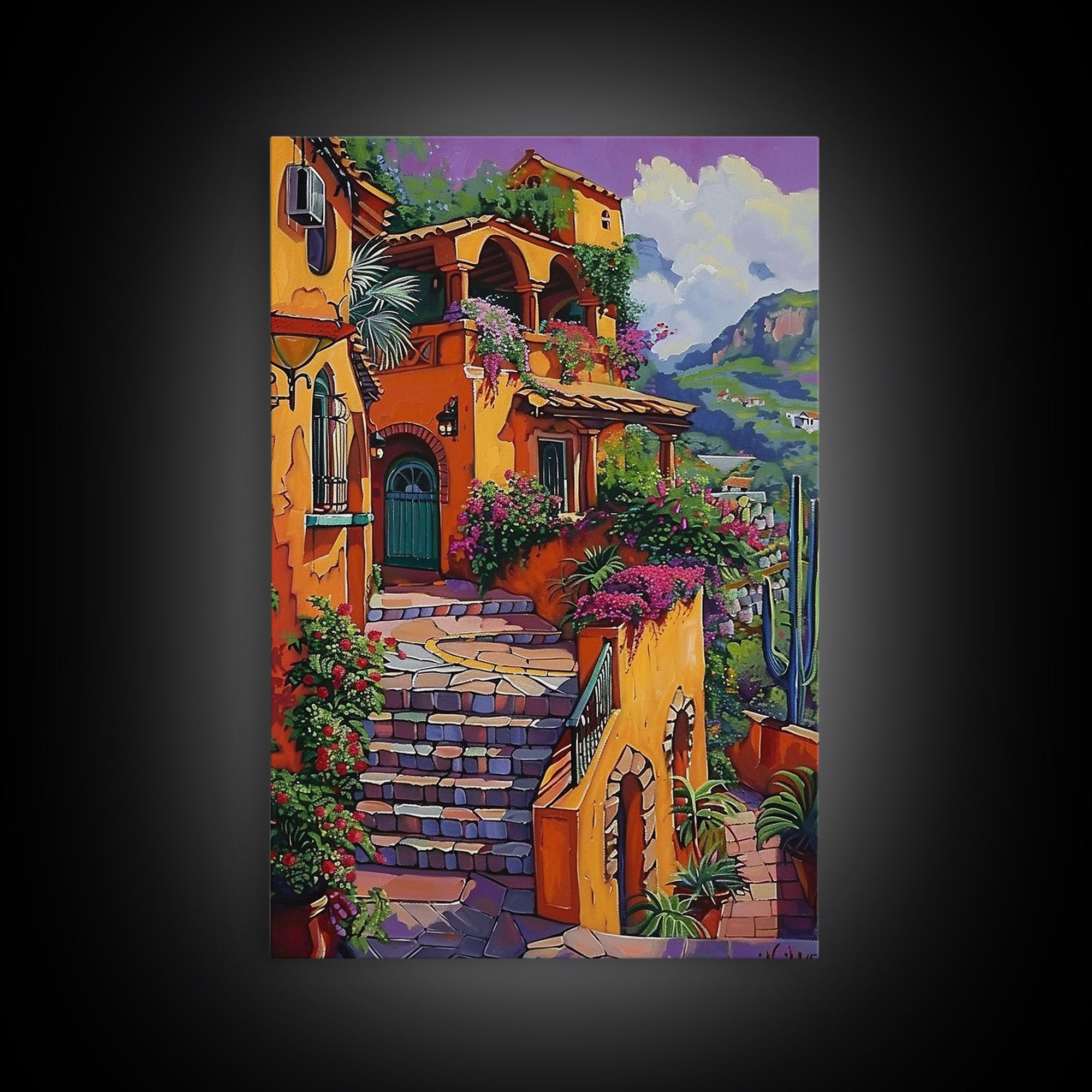 Framed Canvas Print Tall Art Mexican Style Scenic Steps Lined With Colorful Flowers And Architecture